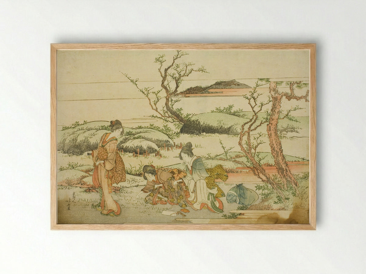 Gathering Spring Greens, from the album Fuji in Spring (Haru no Fuji) - Katsushika Hokusai - Framed Print Wood