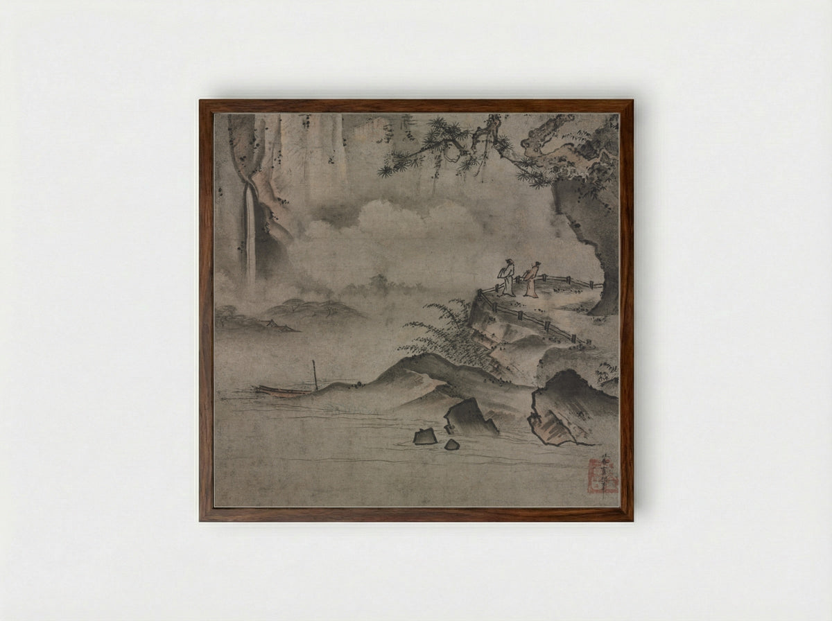 Gazing at a Waterfall - Sōami - Framed Print Dark Wood