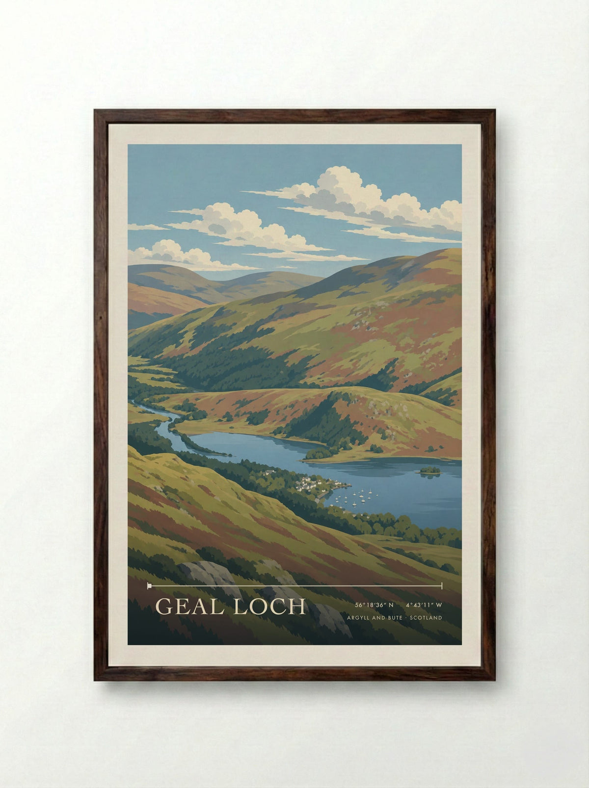 Geal Loch, Argyll and Bute | Travel Poster - Framed Print Dark Wood