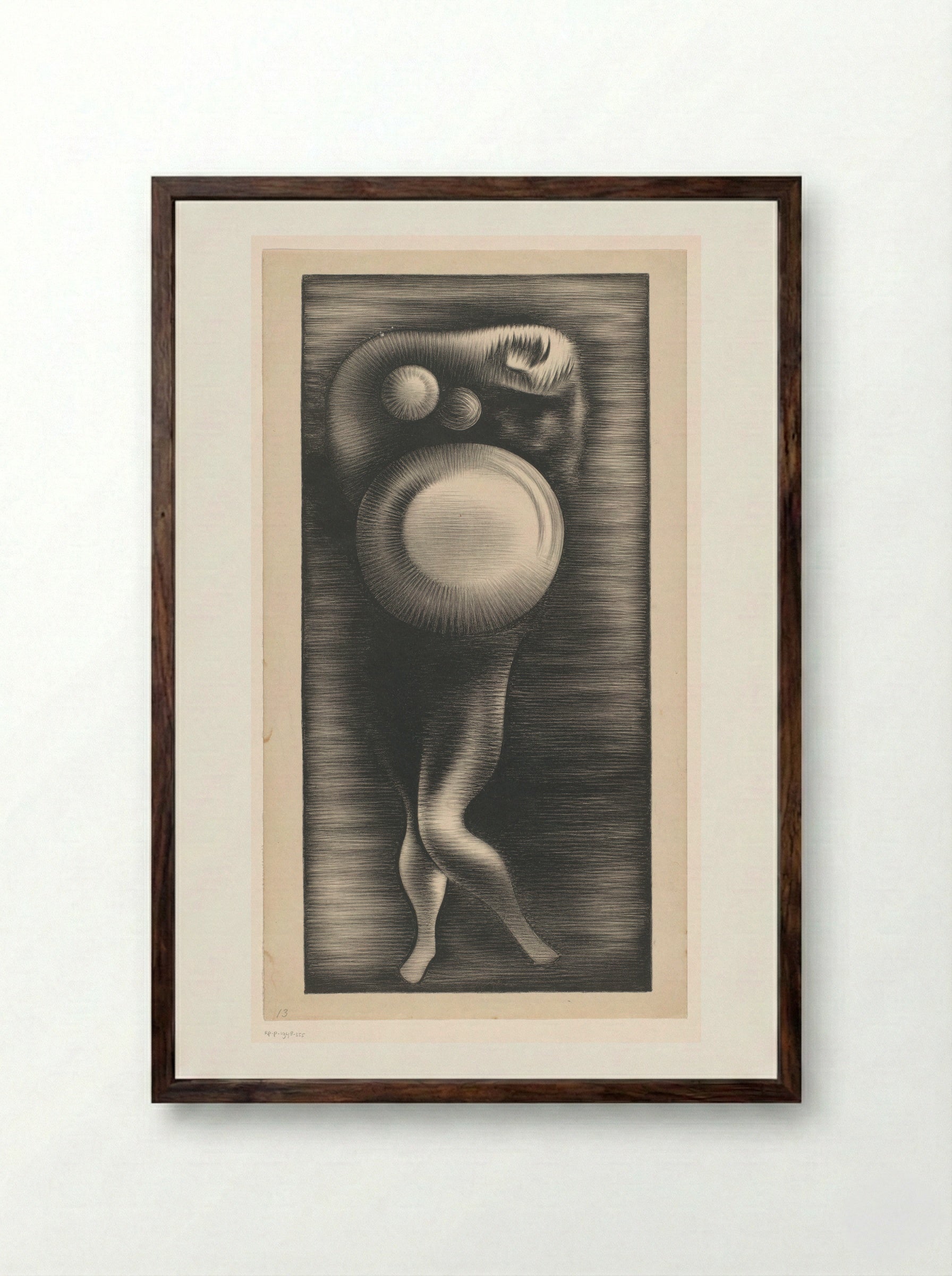 Gedeformeerd vrouwenlichaam met drie cirkels - Jacob Bendien - Framed Print Dark Wood