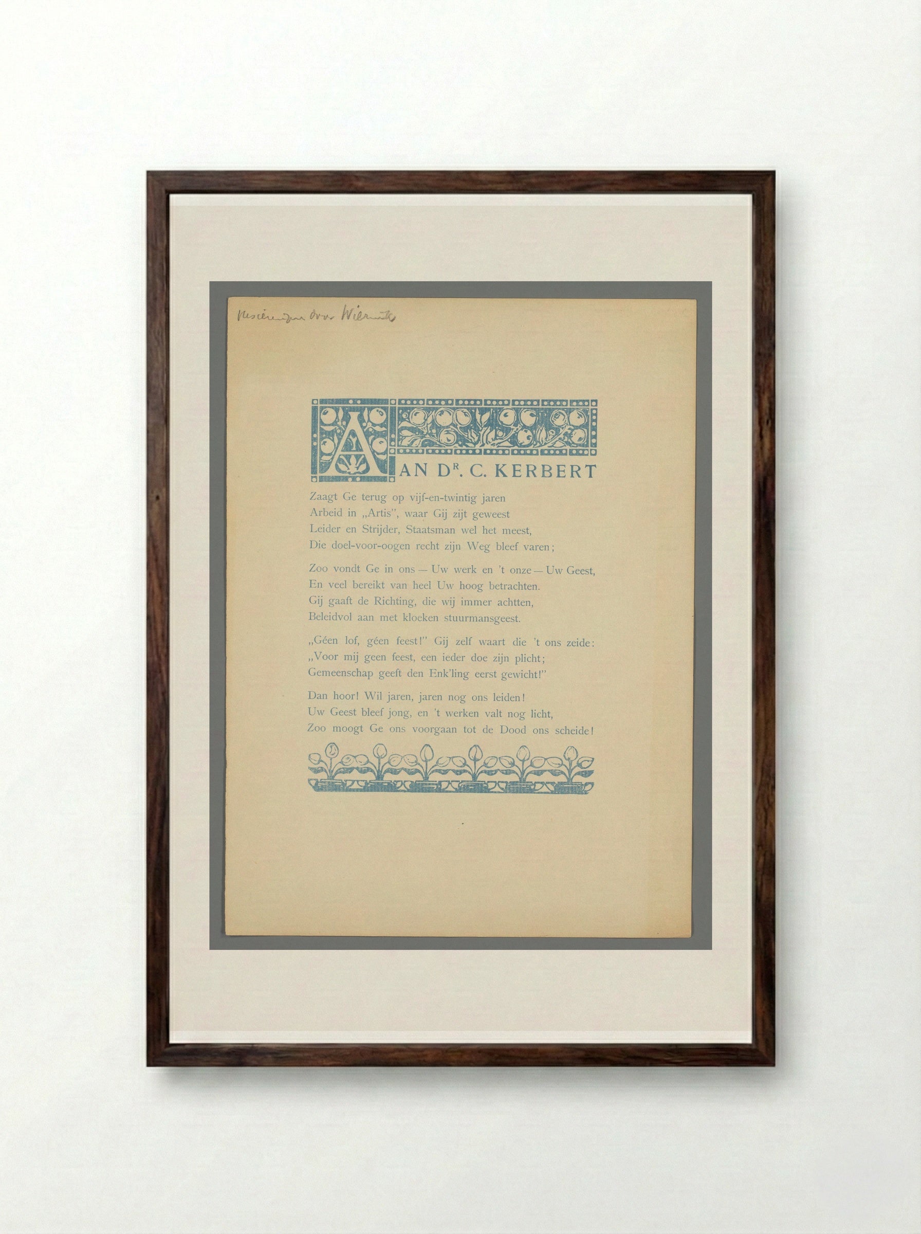 Gedicht ter ere van het vijfentwintigjarig jubileum van Coenraad Kerbert bij dierentuin Artis - Bernard Willem Wierink - Framed Print Dark Wood