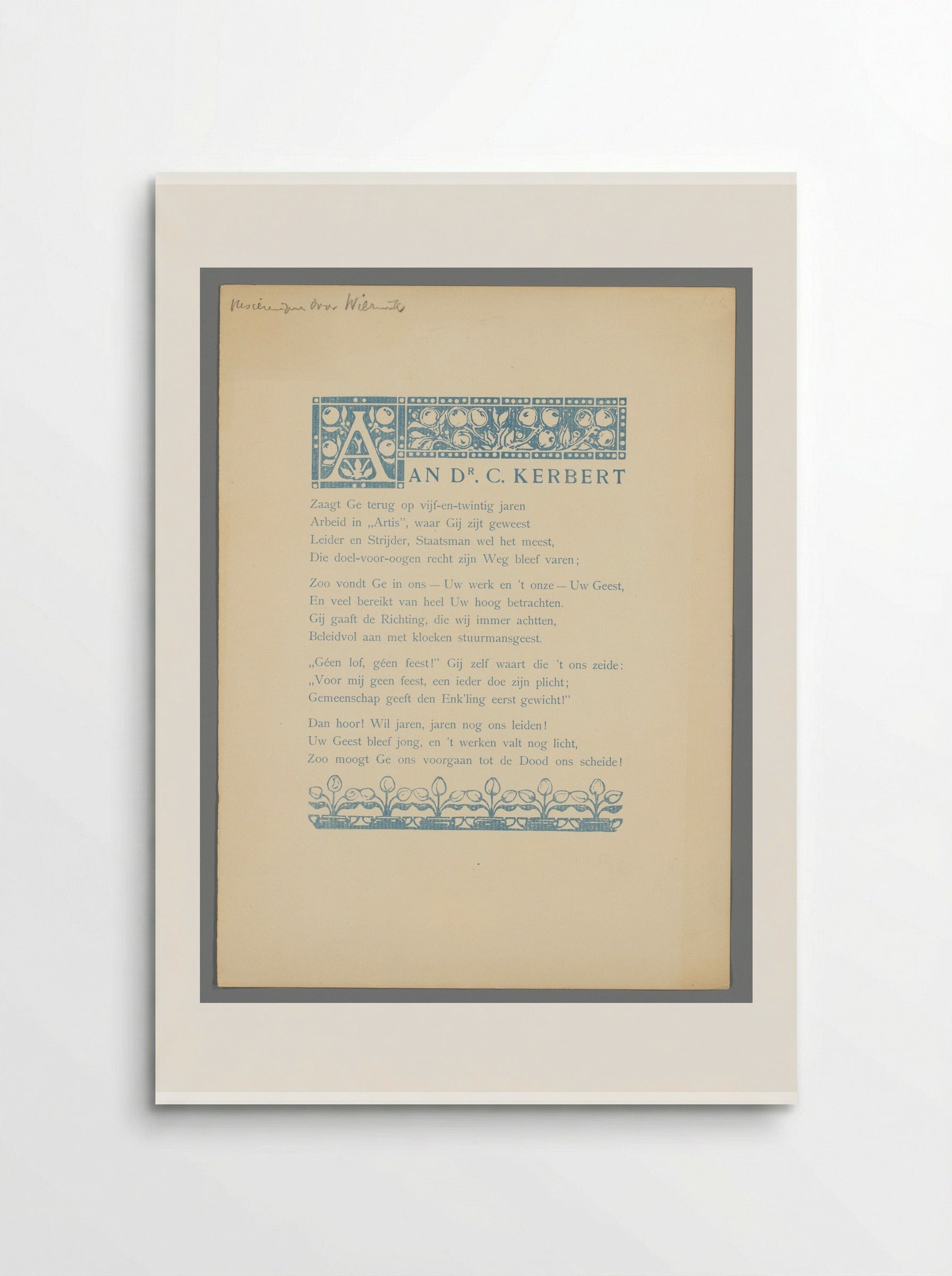 Gedicht ter ere van het vijfentwintigjarig jubileum van Coenraad Kerbert bij dierentuin Artis - Bernard Willem Wierink - Poster