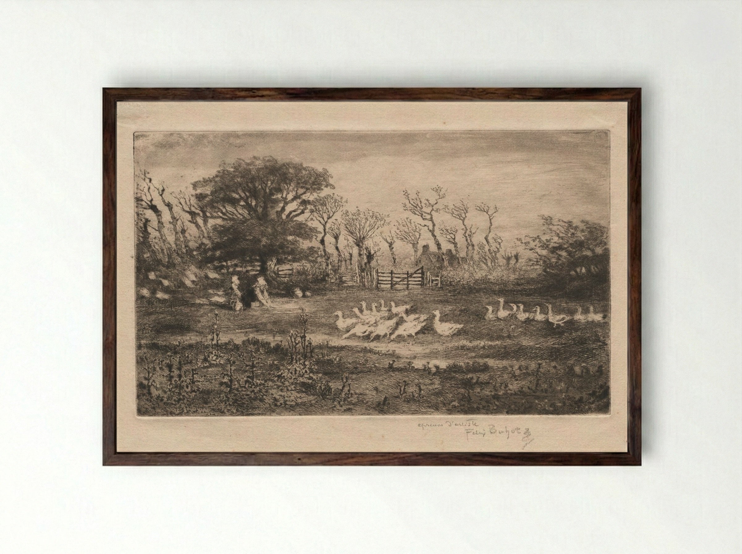 Geese - Félix Hilaire Buhot - Framed Print Dark Wood