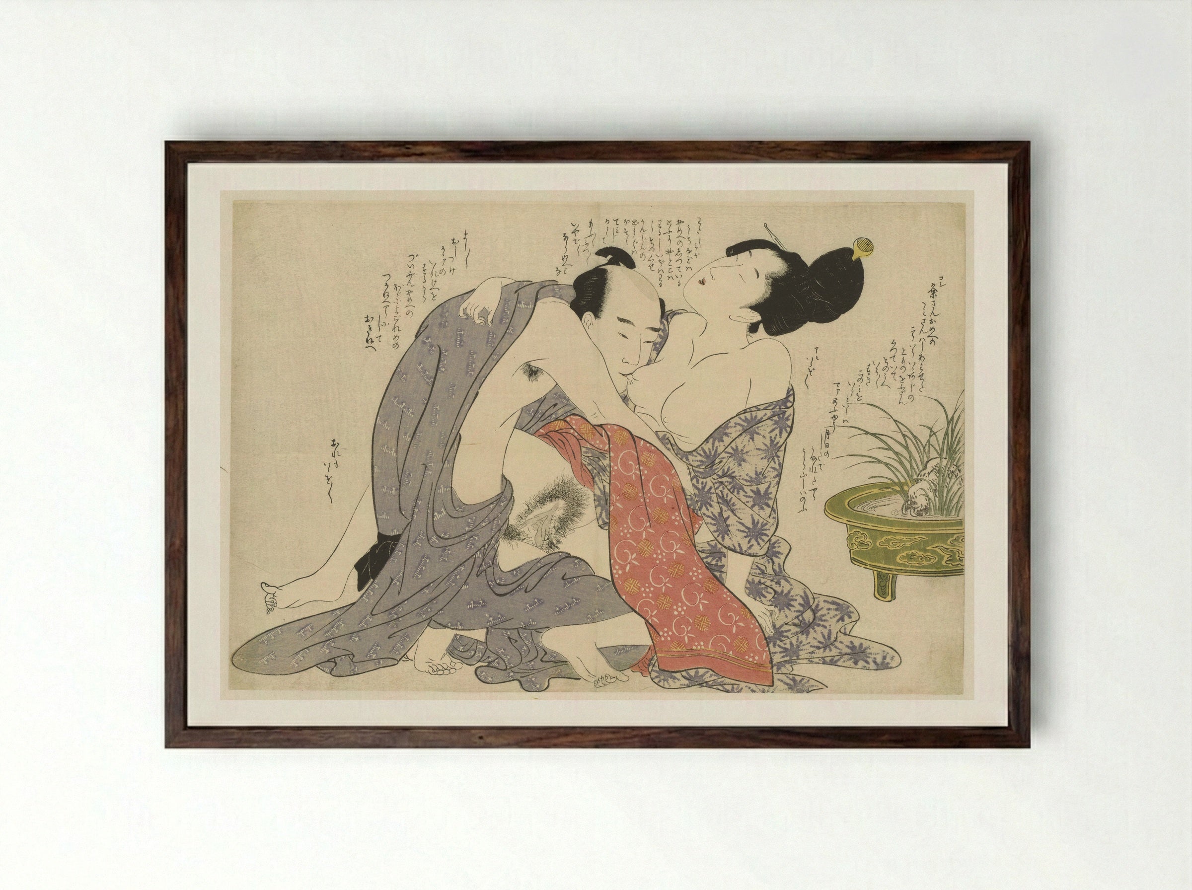 Geheime affaire van een getrouwde man en een getrouwde vrouw - Kitagawa Utamaro - Framed Print Dark Wood