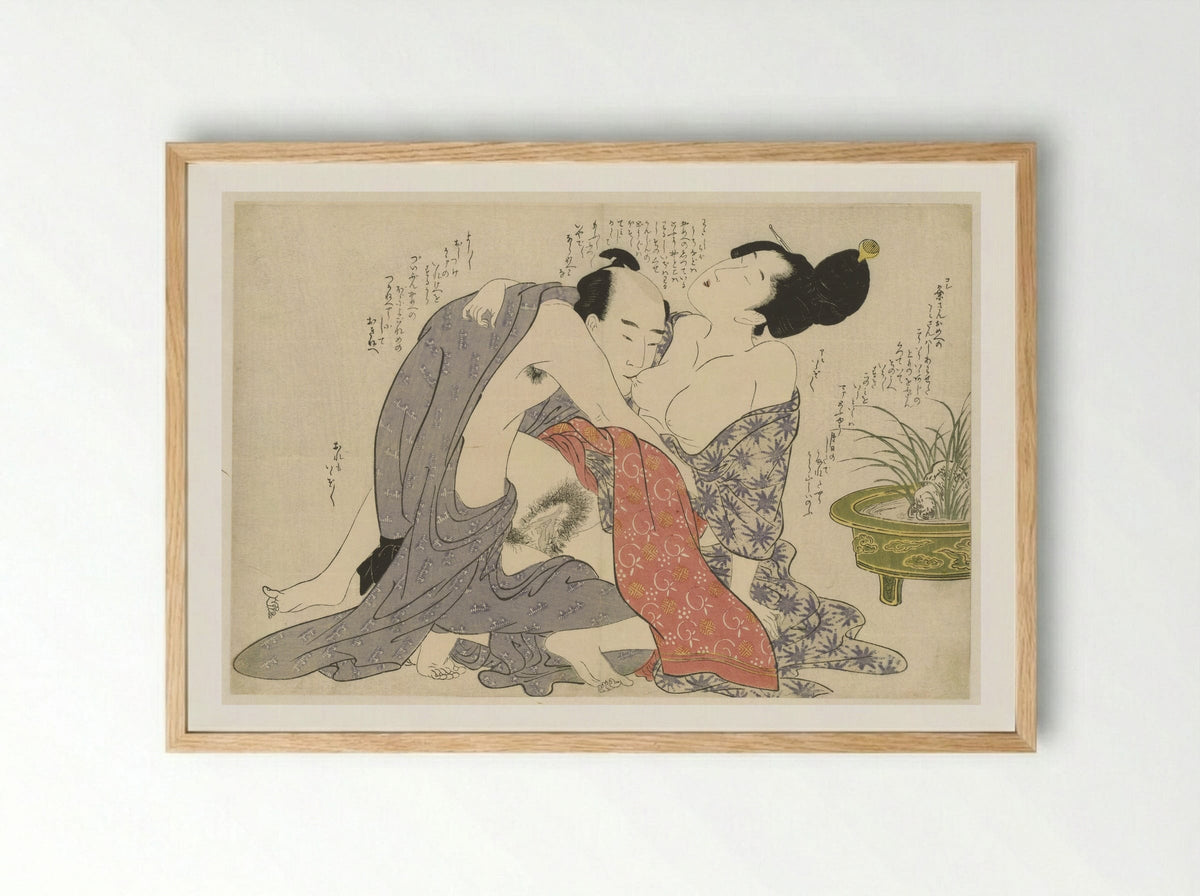 Geheime affaire van een getrouwde man en een getrouwde vrouw - Kitagawa Utamaro - Framed Print Wood