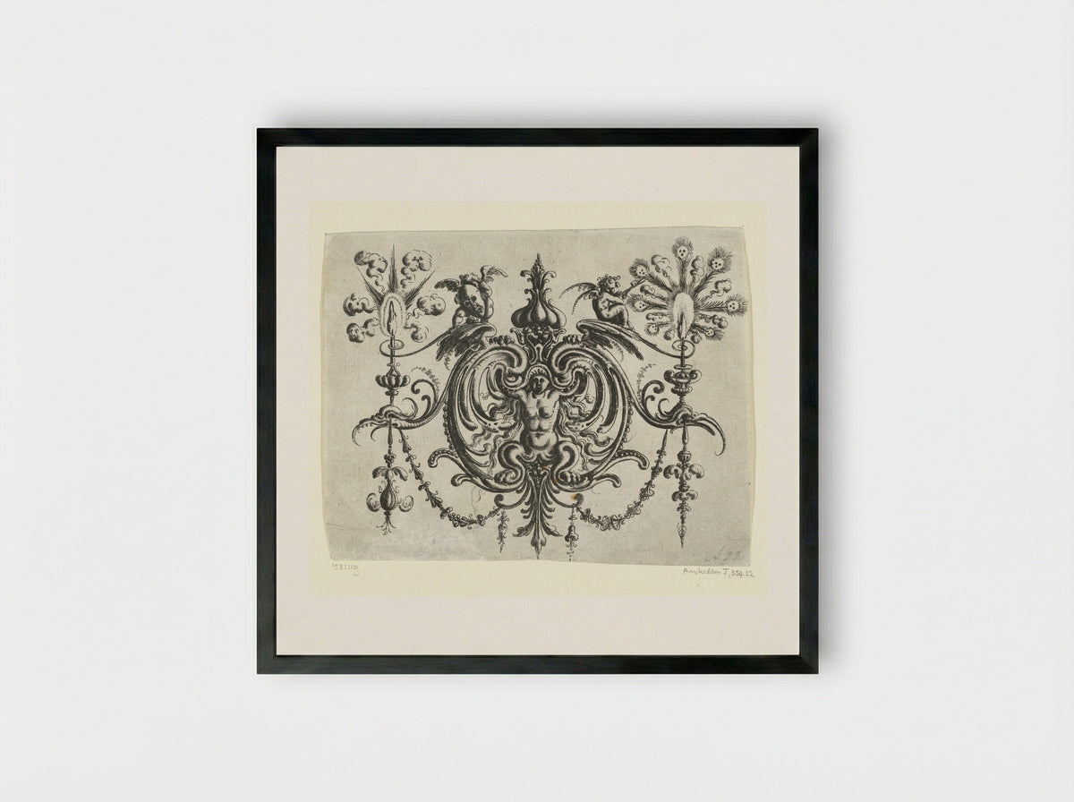 Gehurkte naakte vrouw met klauwen, tussen voluten - Christoph Jamnitzer - Framed Print Black