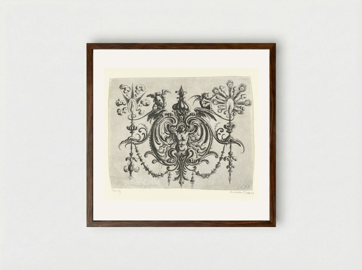 Gehurkte naakte vrouw met klauwen, tussen voluten - Christoph Jamnitzer - Framed Print Dark Wood