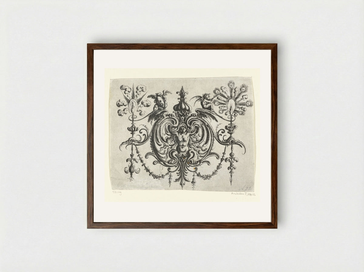 Gehurkte naakte vrouw met klauwen, tussen voluten - Christoph Jamnitzer - Framed Print Dark Wood