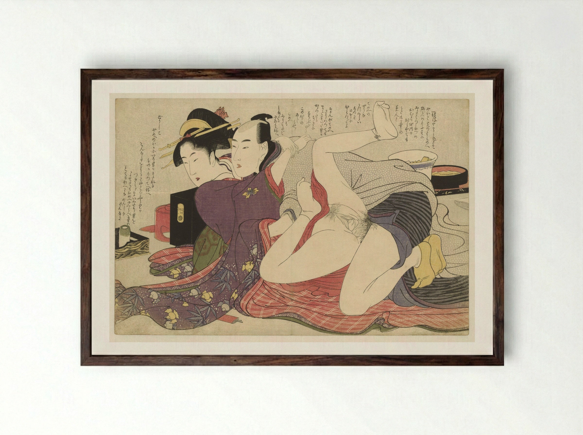Geisha in Kimono with Long Sleeves and Her Lover - Kitagawa Utamaro - Framed Print Dark Wood