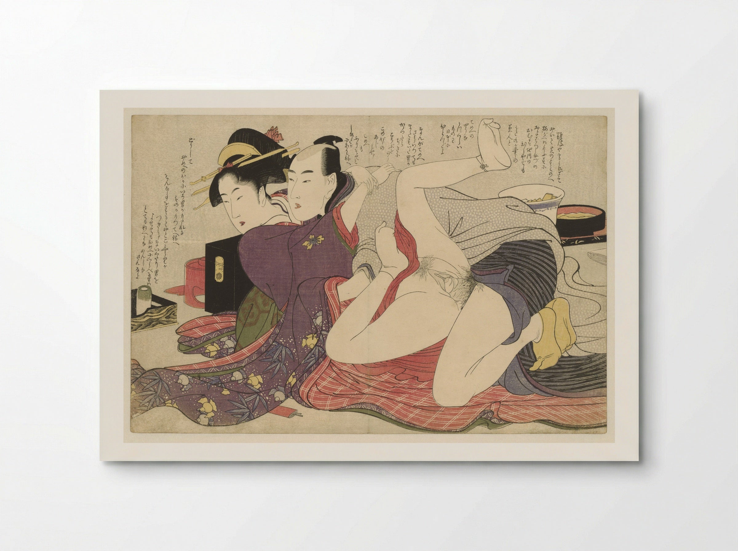 Geisha in Kimono with Long Sleeves and Her Lover - Kitagawa Utamaro - Poster