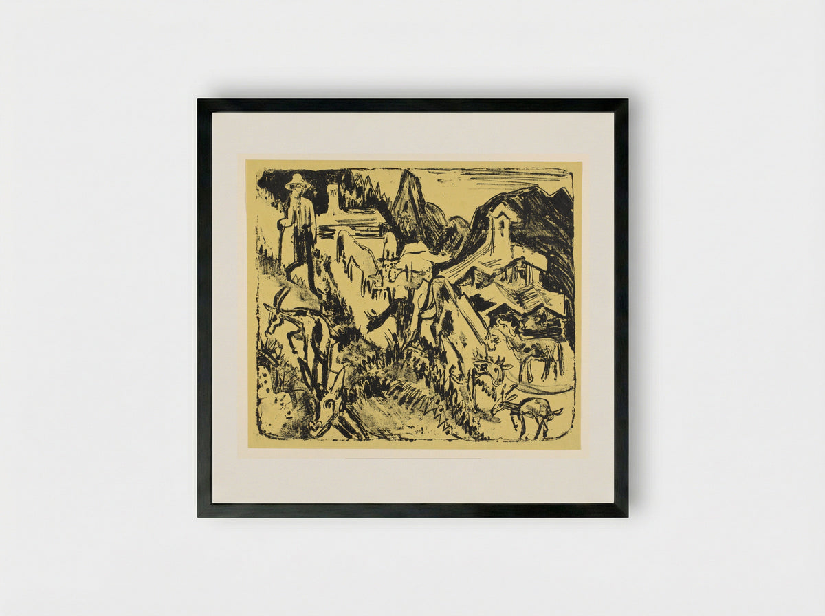 Geitenhoeder met zijn kudde in de bergen - Ernst Ludwig Kirchner - Framed Print Black