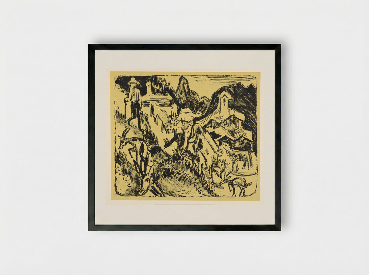 Geitenhoeder met zijn kudde in de bergen - Ernst Ludwig Kirchner - Framed Print Black