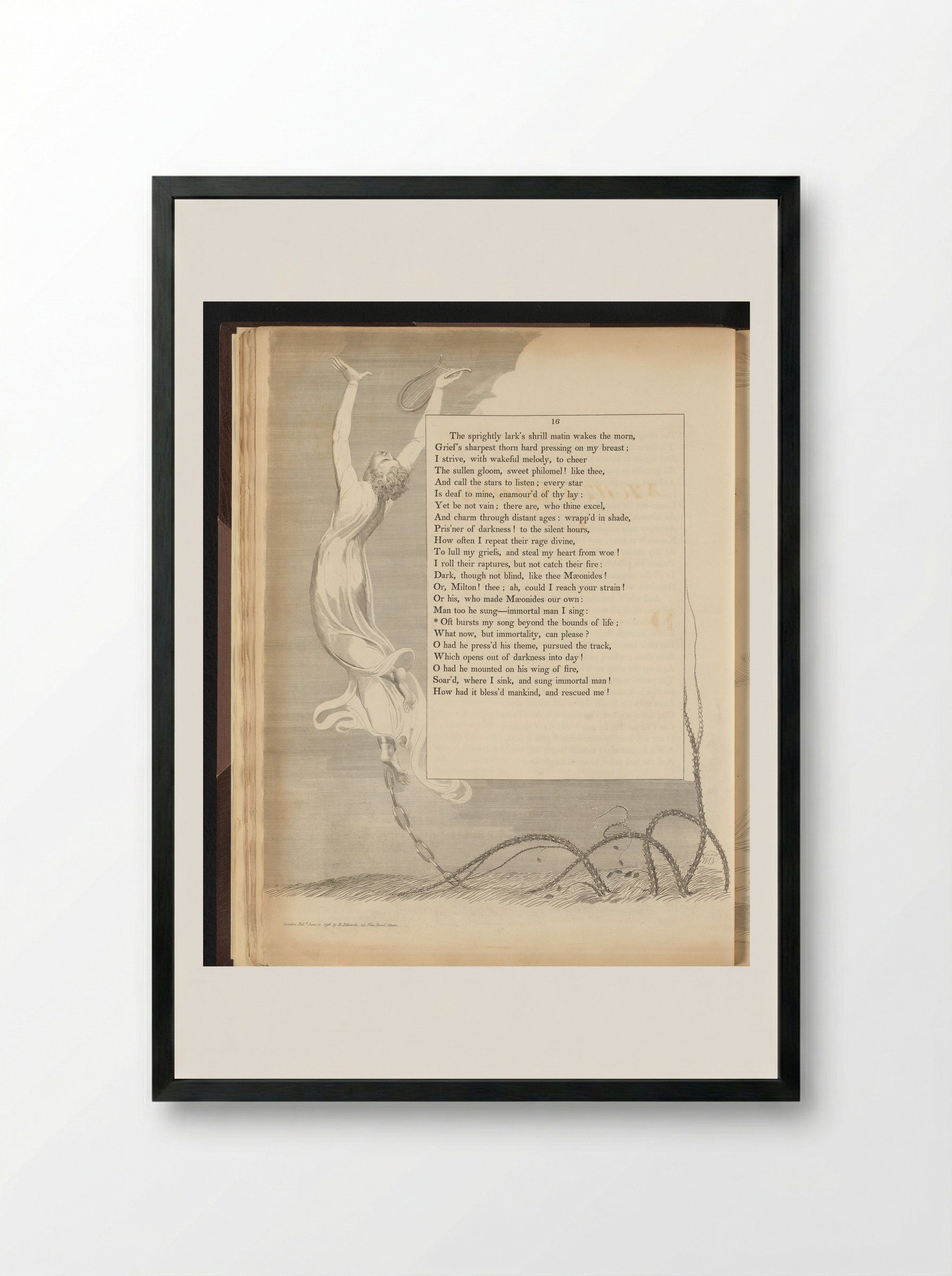 Geketende man stijgt op met lier - William Blake - Framed Print Black