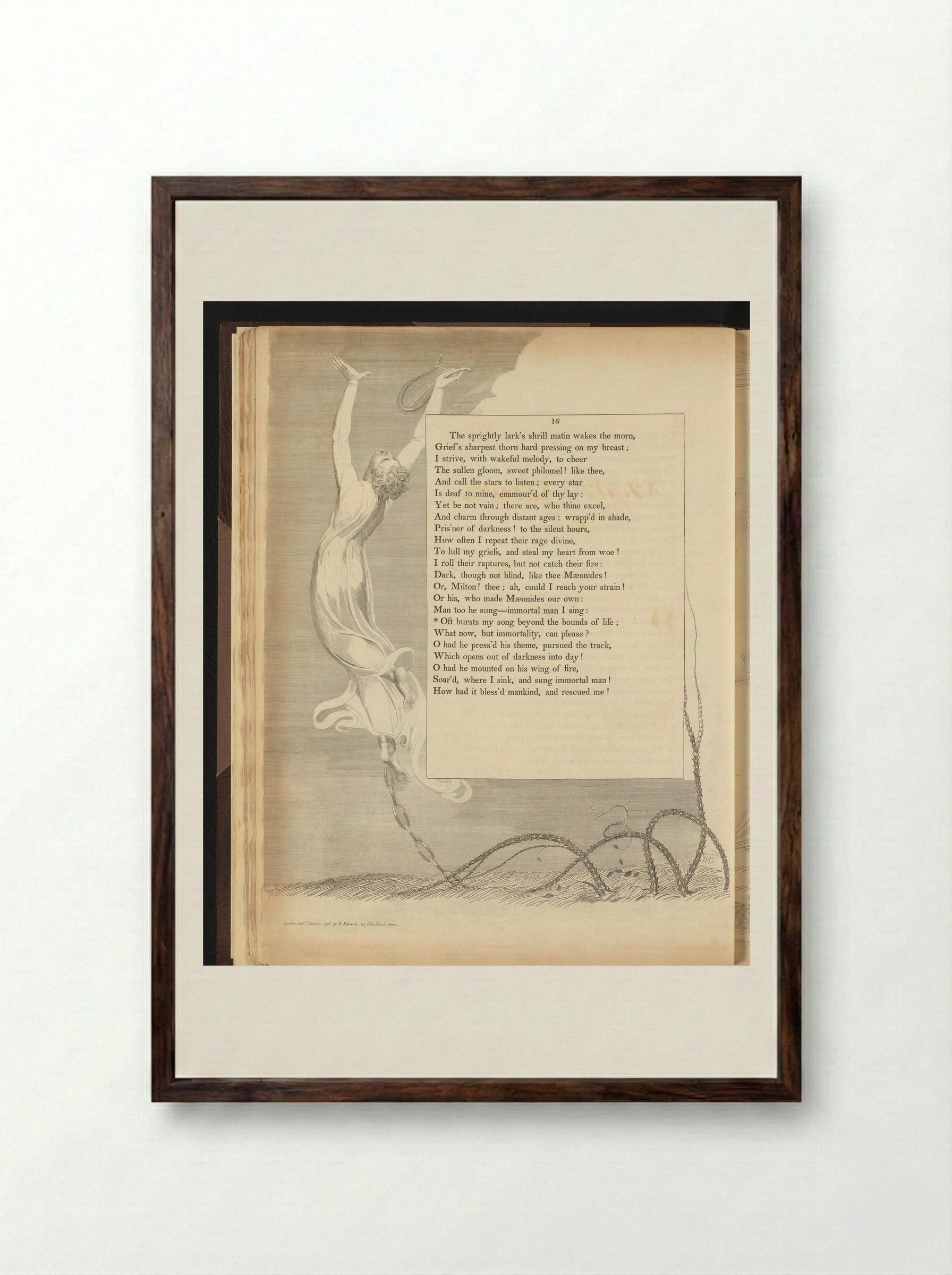 Geketende man stijgt op met lier - William Blake - Framed Print Dark Wood