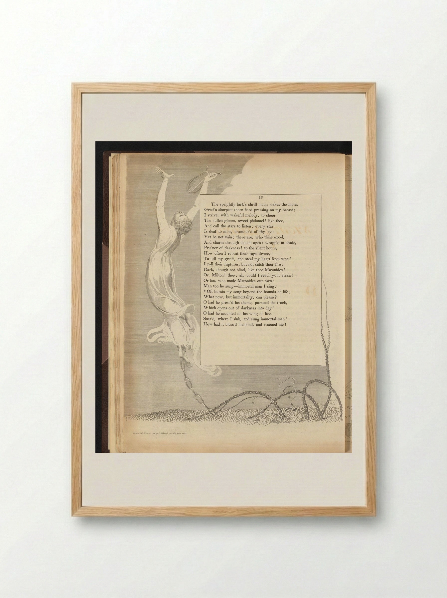 Geketende man stijgt op met lier - William Blake - Framed Print Wood