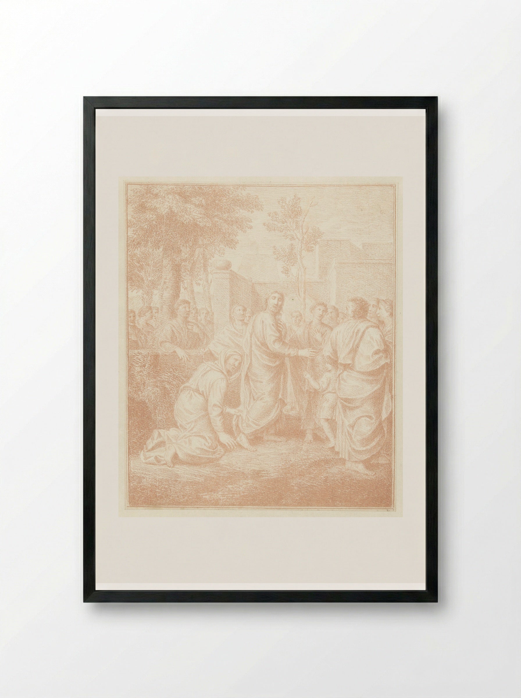 Geknielde vrouw grijpt de mantel van Christus - Louis Fabritius Dubourg - Framed Print Black