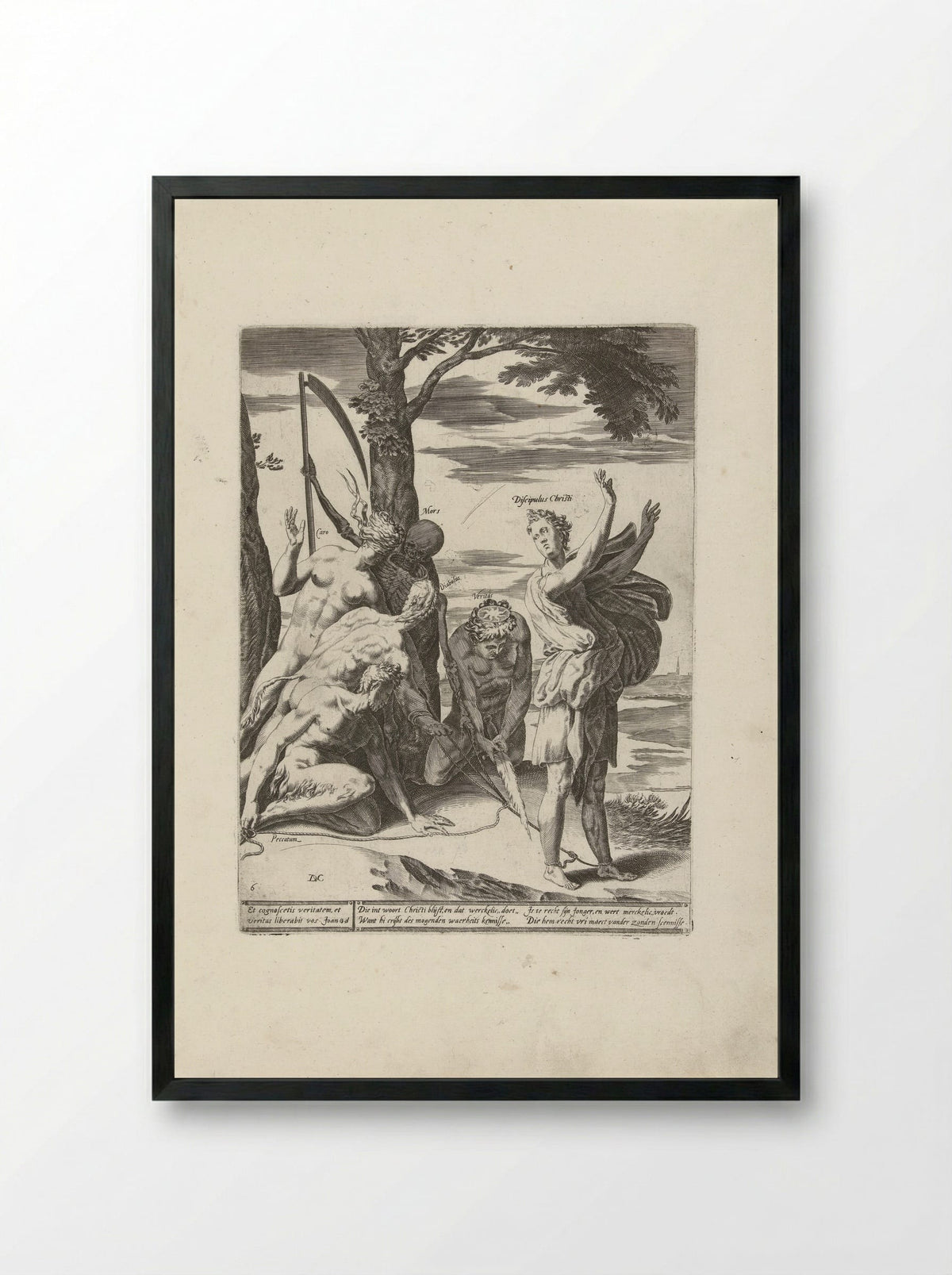 Geloof in de waarheid bevrijdt de mens van haar zonden, de duivel en de dood - Hendrick Hondius (I) - Framed Print Black