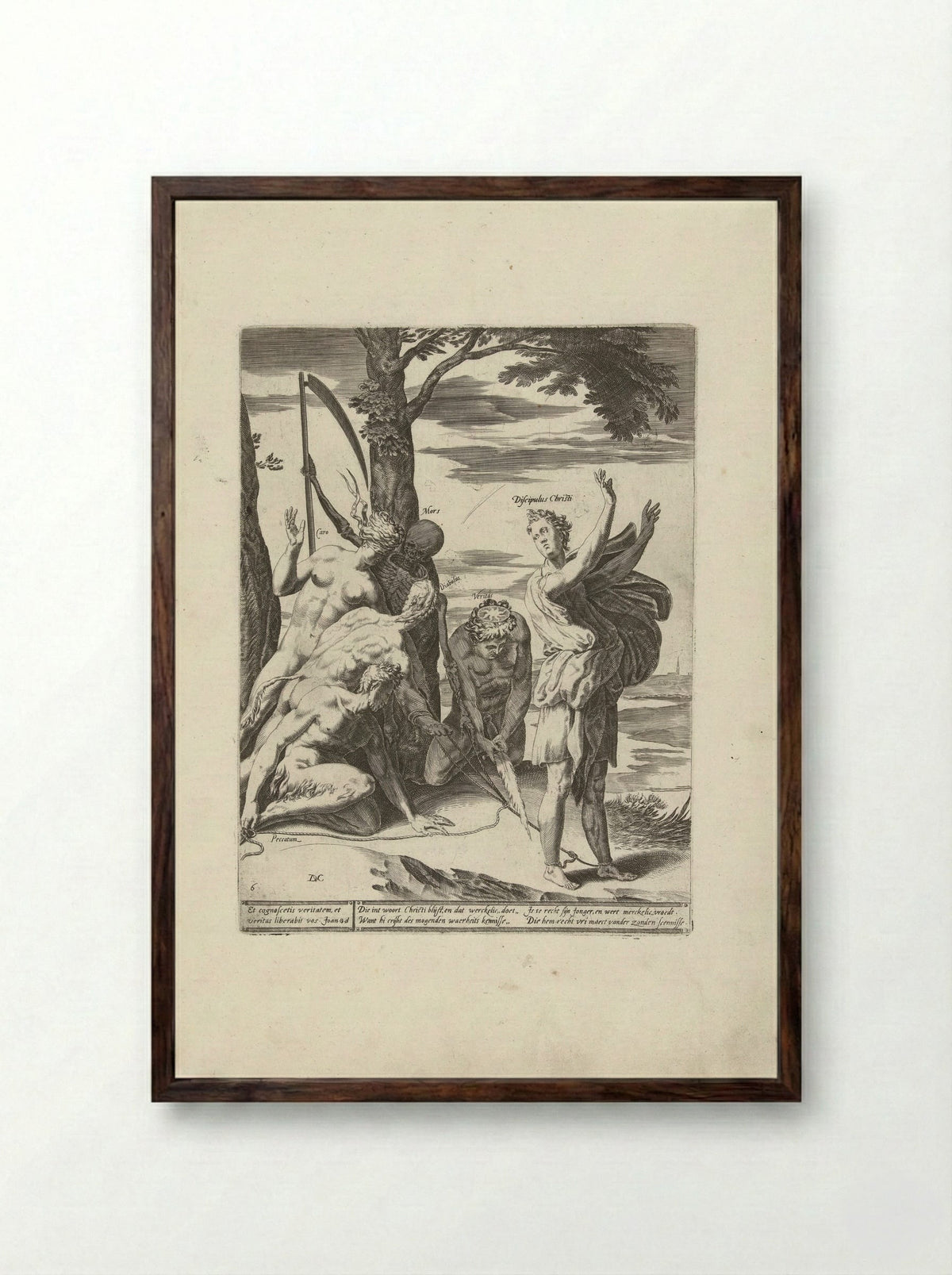 Geloof in de waarheid bevrijdt de mens van haar zonden, de duivel en de dood - Hendrick Hondius (I) - Framed Print Dark Wood