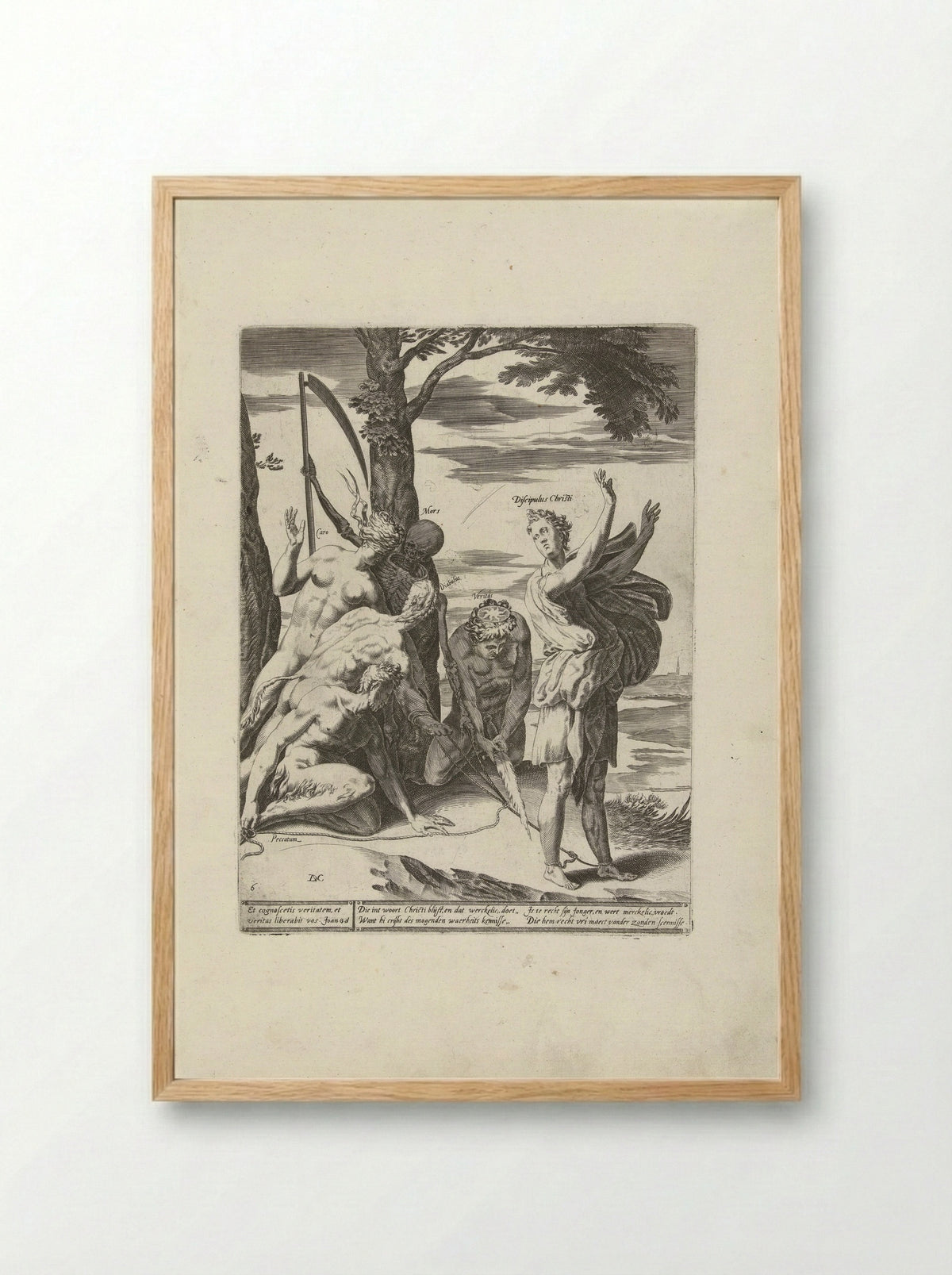 Geloof in de waarheid bevrijdt de mens van haar zonden, de duivel en de dood - Hendrick Hondius (I) - Framed Print Wood