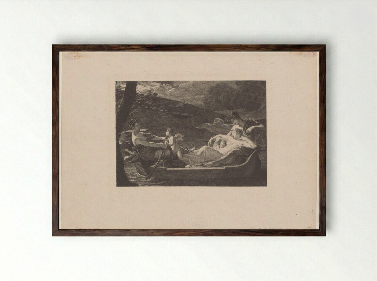 Geluk en Liefde roeien de boot van een jong gezin - Eugène Gaujean - Framed Print Dark Wood