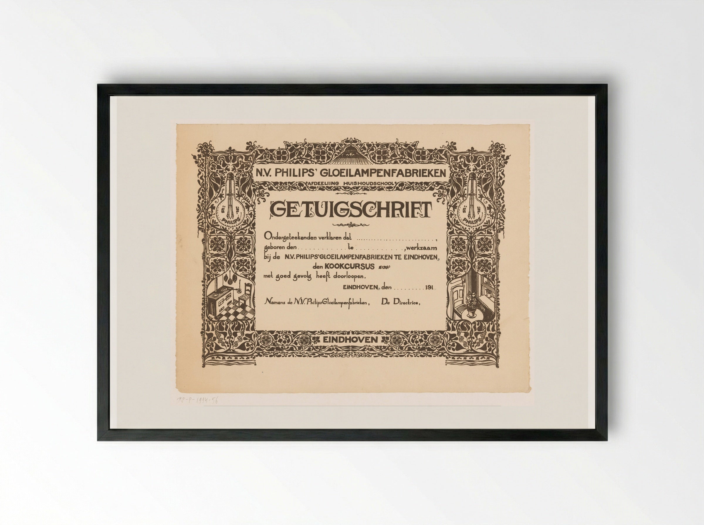 Getuigschrift van de kookcursus bij de Philips Huishoudschool - Theo Nieuwenhuis - Framed Print Black
