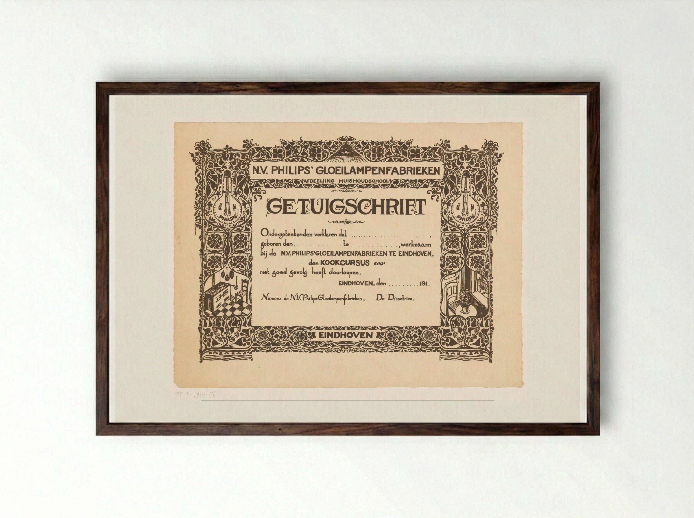 Getuigschrift van de kookcursus bij de Philips Huishoudschool - Theo Nieuwenhuis - Framed Print Dark Wood