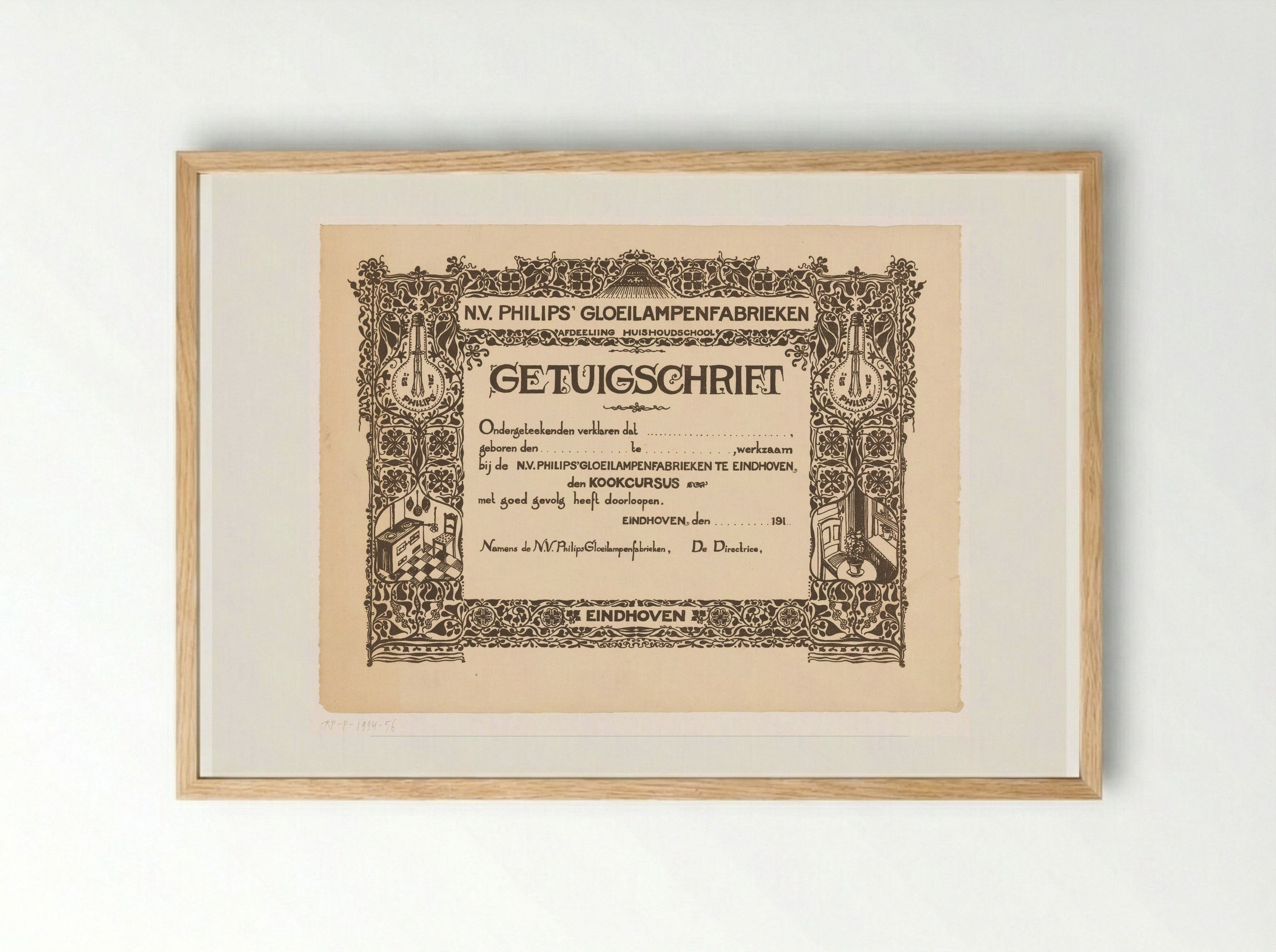 Getuigschrift van de kookcursus bij de Philips Huishoudschool - Theo Nieuwenhuis - Framed Print Wood
