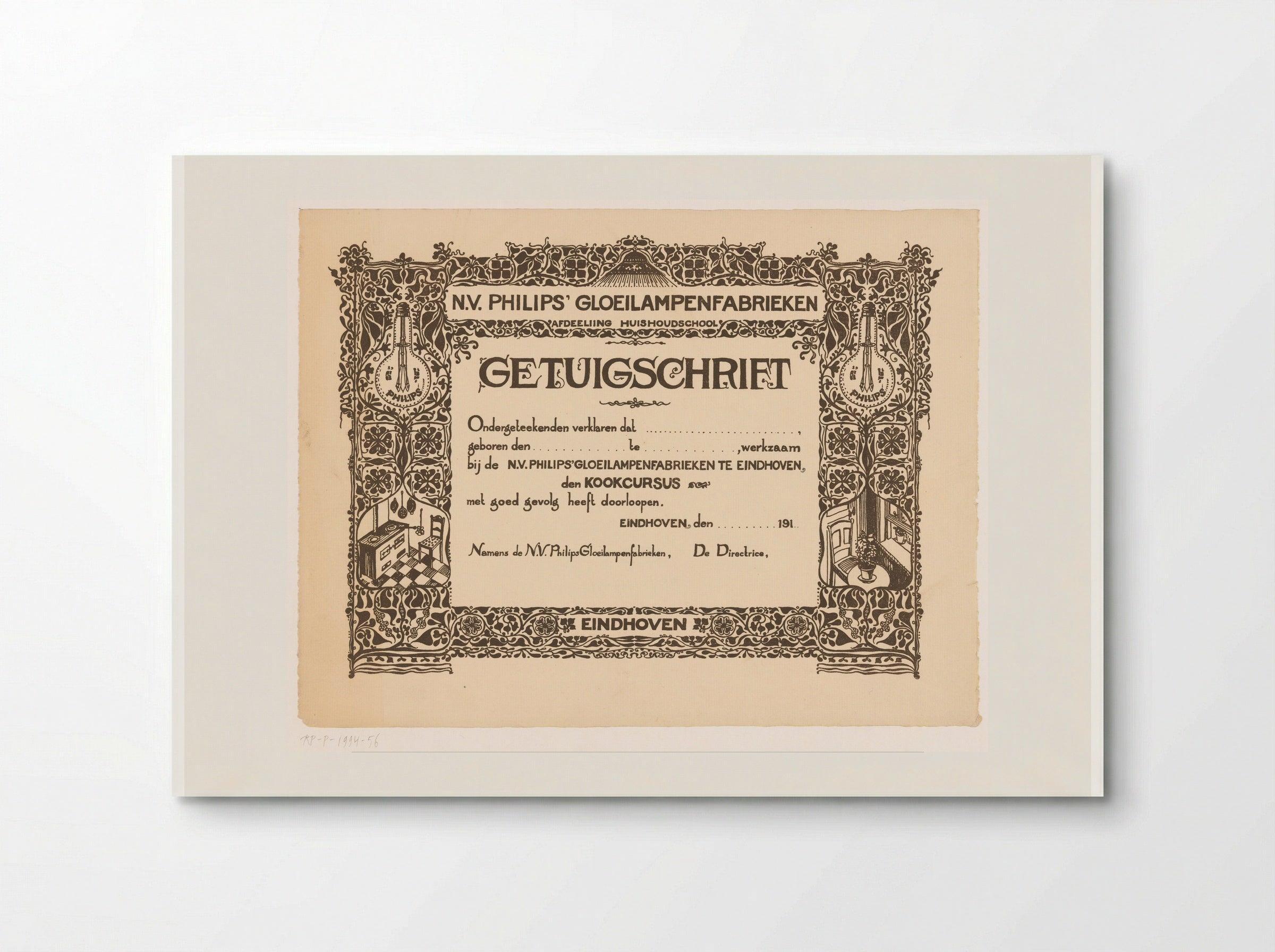 Getuigschrift van de kookcursus bij de Philips Huishoudschool - Theo Nieuwenhuis - Poster