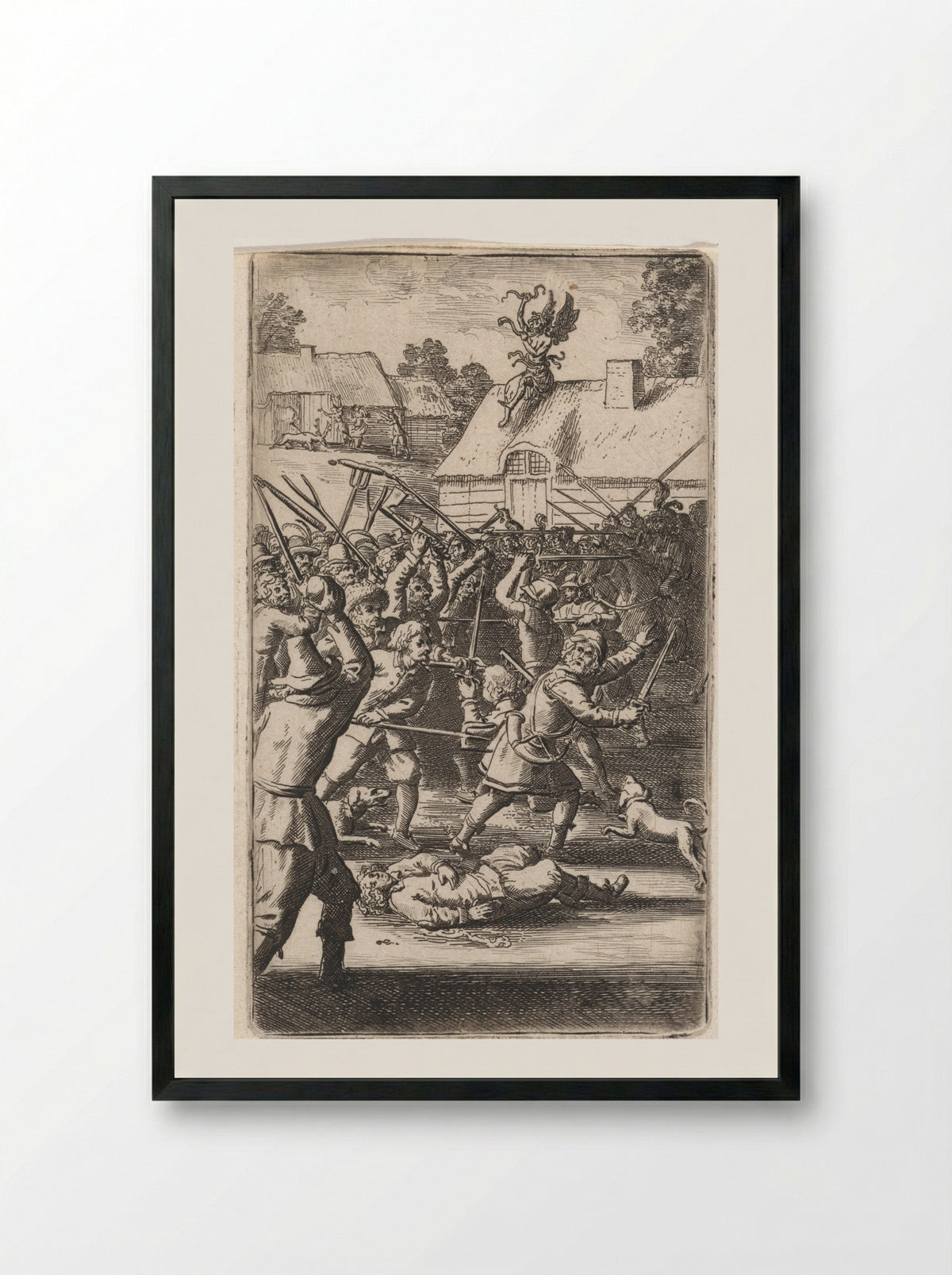Gevecht in een dorp (Battle in a Village) - Abraham Dircksz. Santvoort - Framed Print Black