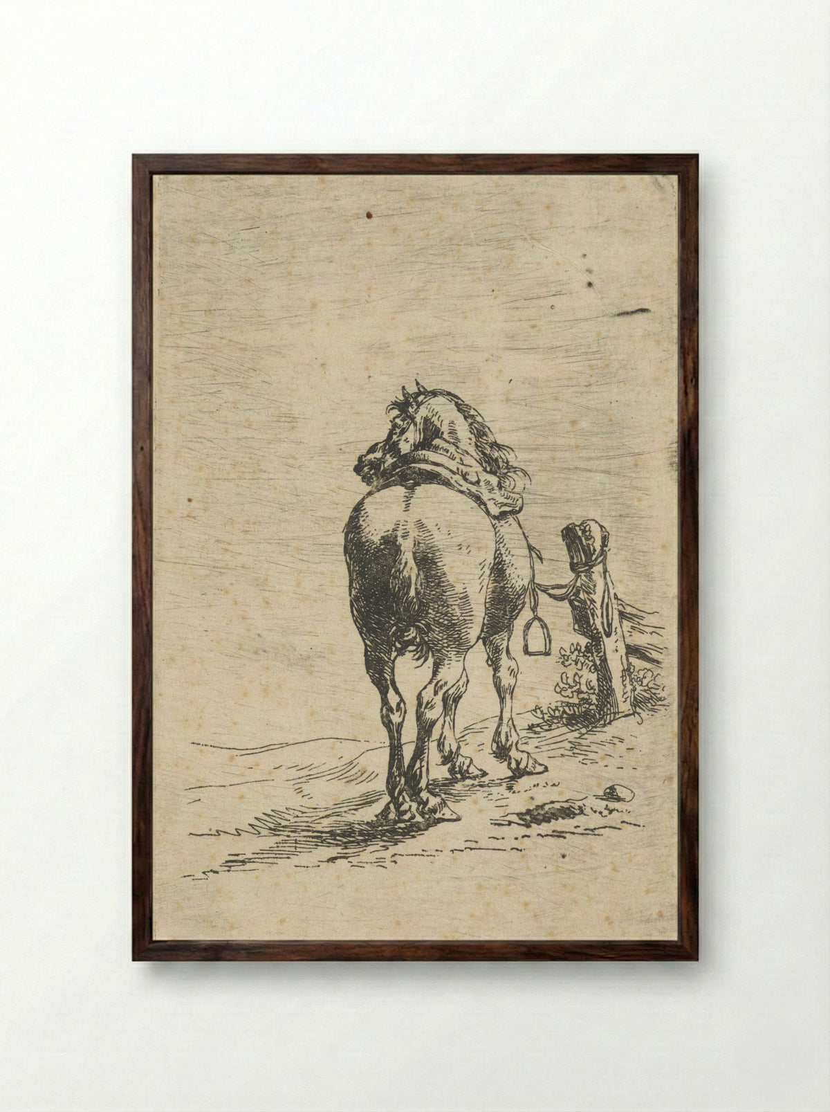 Gezadeld paard aan een paal - Pieter Cornelisz. Verbeeck - Framed Print Dark Wood