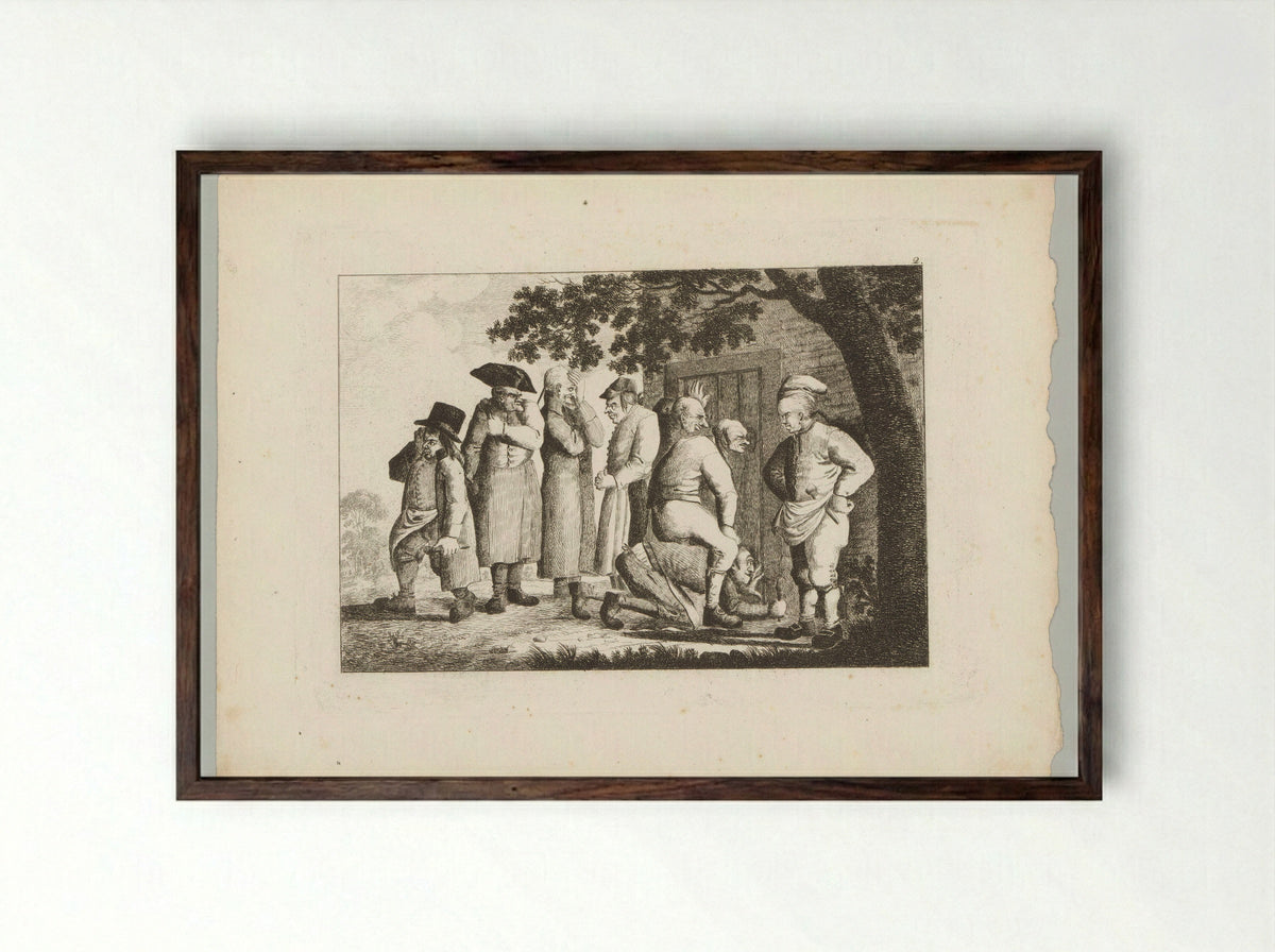 Gezelschap mannen onder een boom, een aantal gluurt door een deur - Friedrich Rottmann - Framed Print Dark Wood