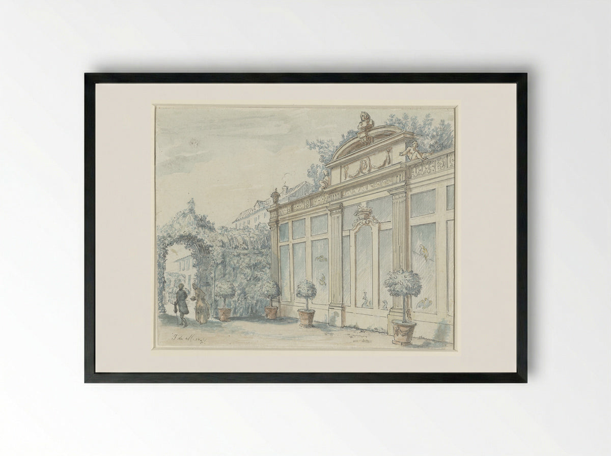 Gezicht in een Franse tuin met heer en dame - J. de Marsy - Framed Print Black
