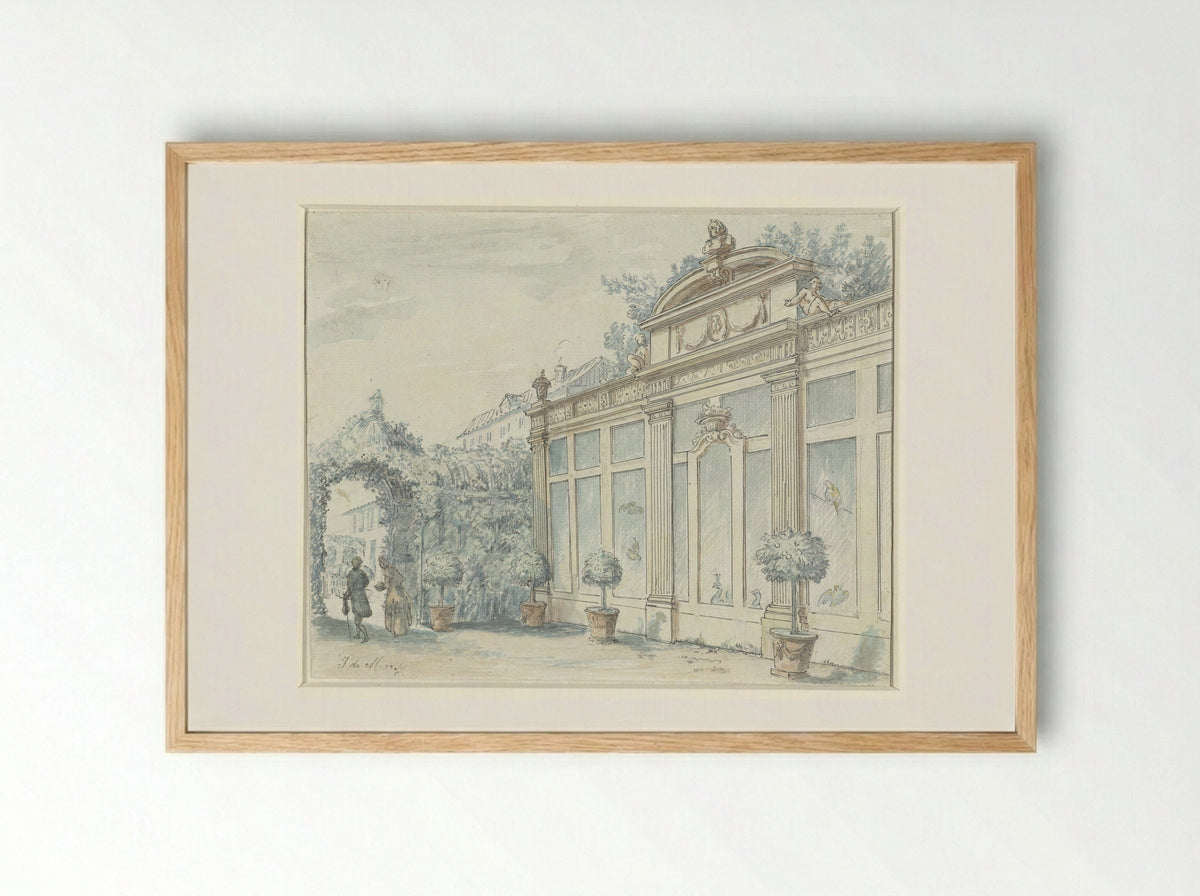 Gezicht in een Franse tuin met heer en dame - J. de Marsy - Framed Print Wood