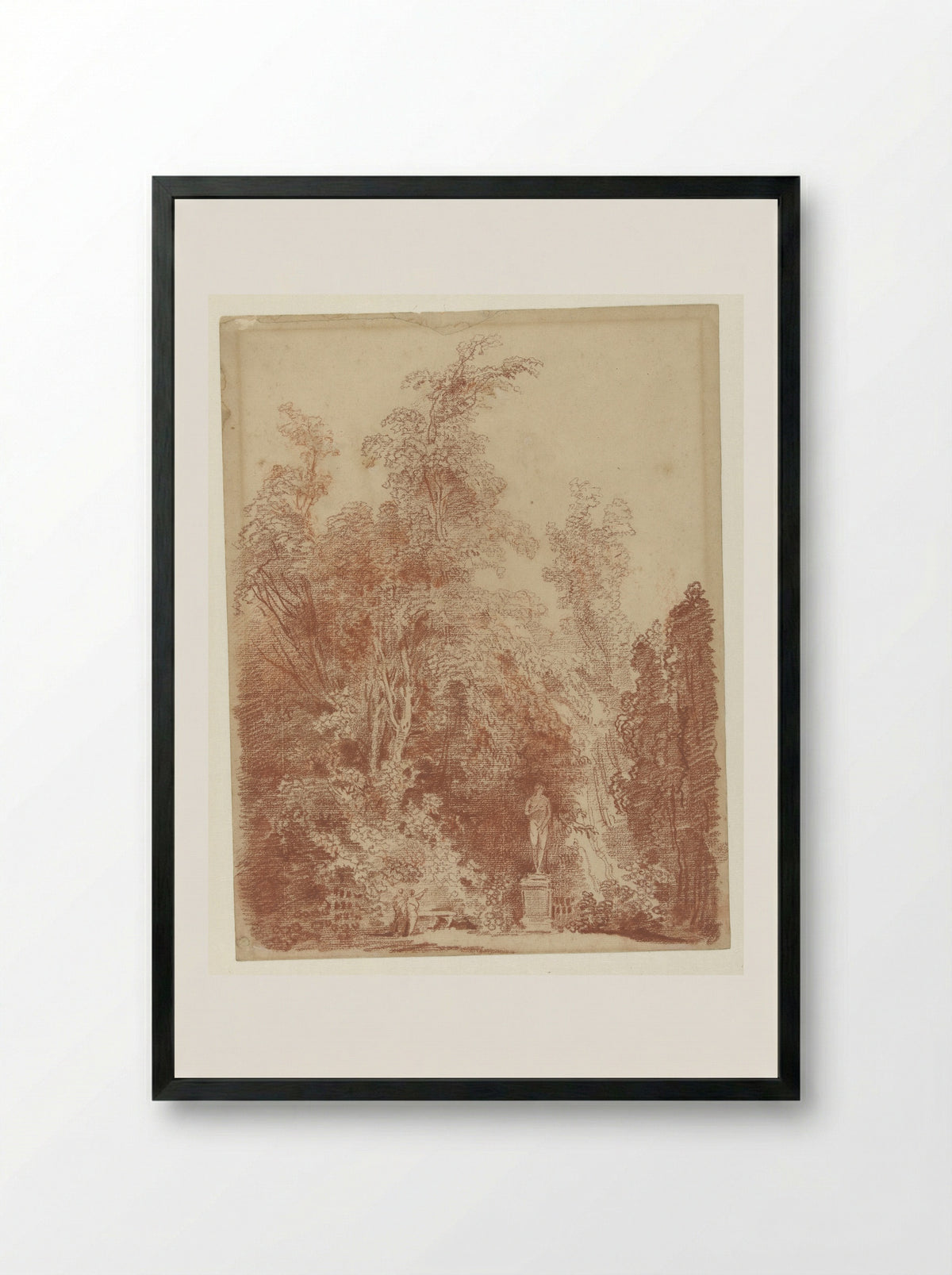 Gezicht in een park met een Venusbeeld - Hubert Robert - Framed Print Black