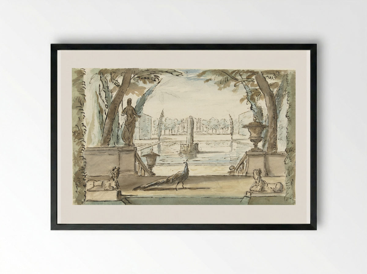 Gezicht in een tuin met een vijver, een fontein en een pauw - Elias van Nijmegen - Framed Print Black