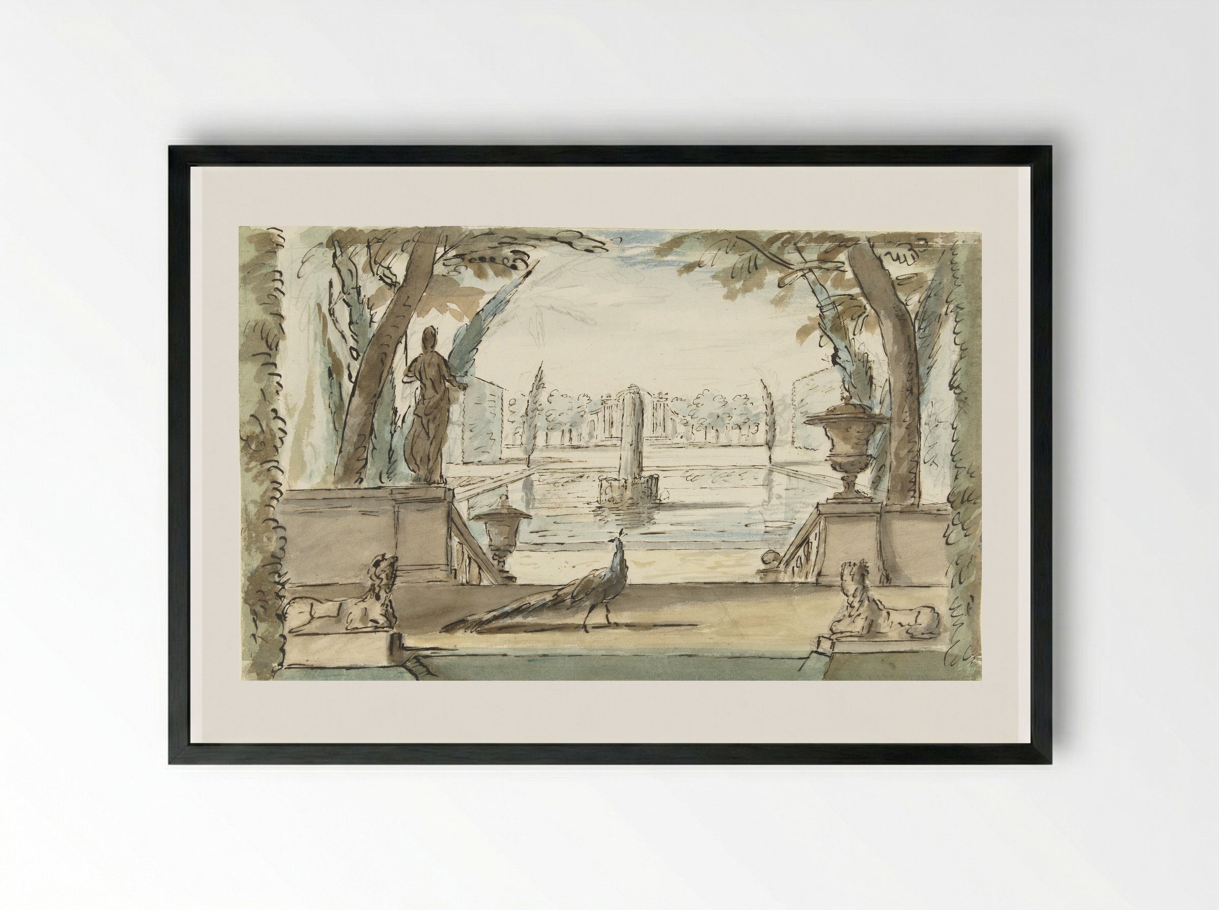 Gezicht in een tuin met een vijver, een fontein en een pauw - Elias van Nijmegen - Framed Print Black