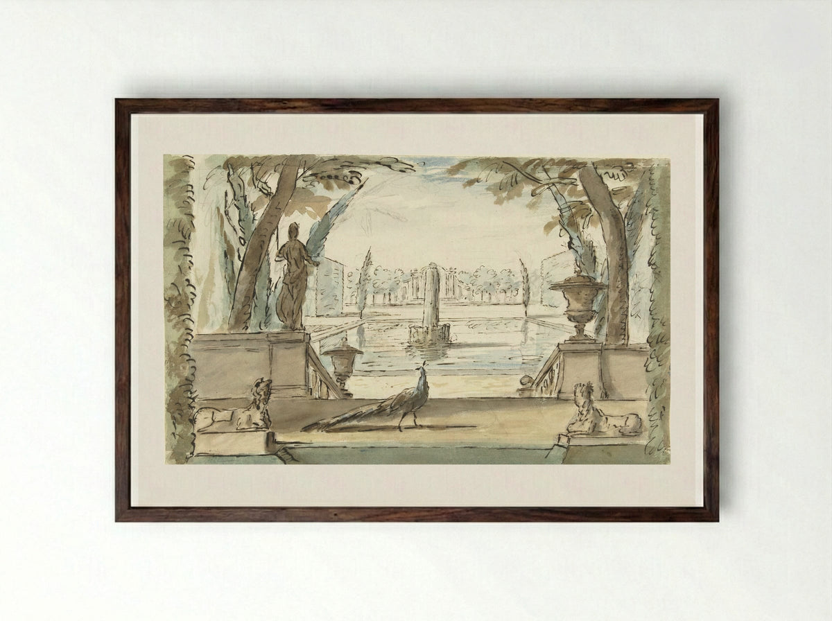 Gezicht in een tuin met een vijver, een fontein en een pauw - Elias van Nijmegen - Framed Print Dark Wood