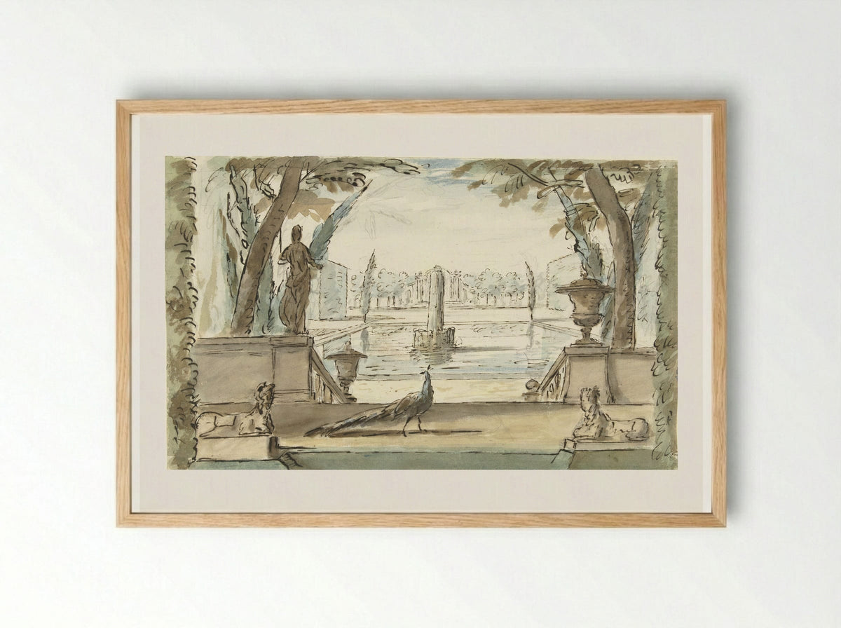 Gezicht in een tuin met een vijver, een fontein en een pauw - Elias van Nijmegen - Framed Print Wood