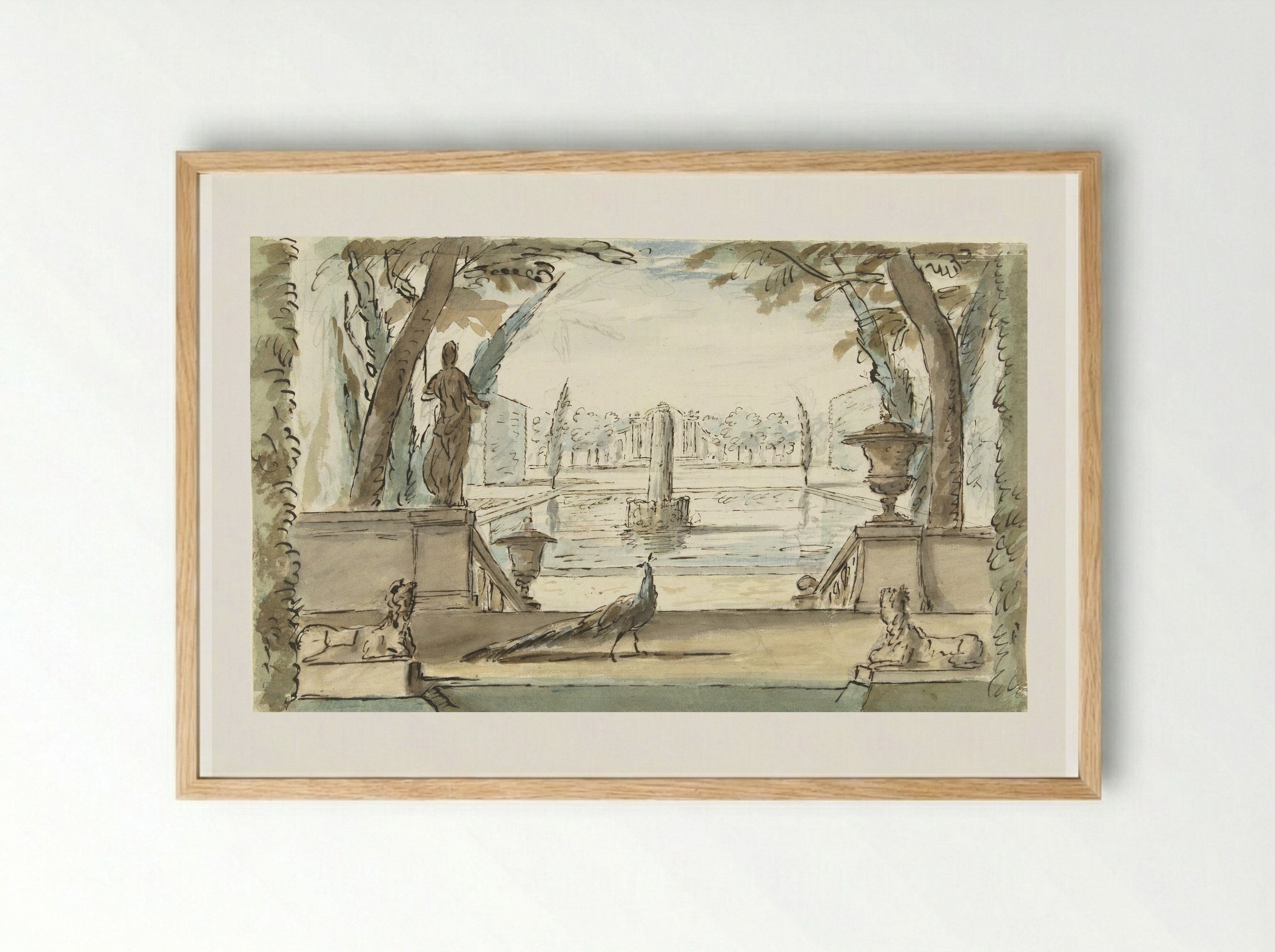Gezicht in een tuin met een vijver, een fontein en een pauw - Elias van Nijmegen - Framed Print Wood