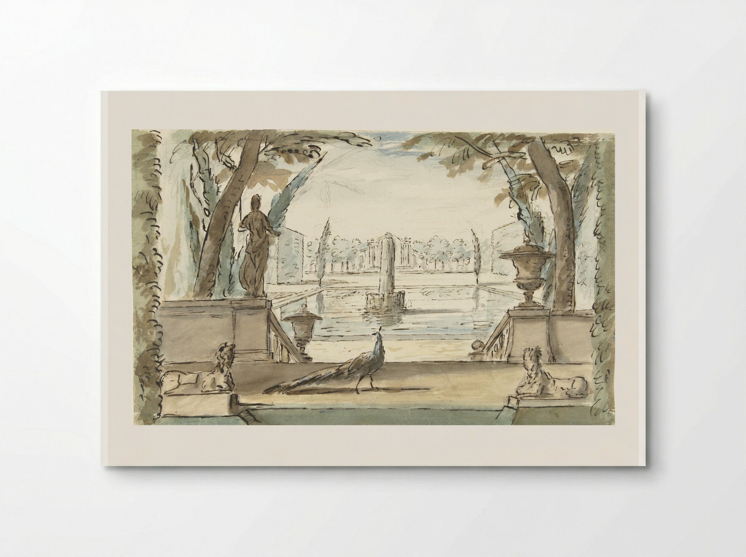 Gezicht in een tuin met een vijver, een fontein en een pauw - Elias van Nijmegen - Poster