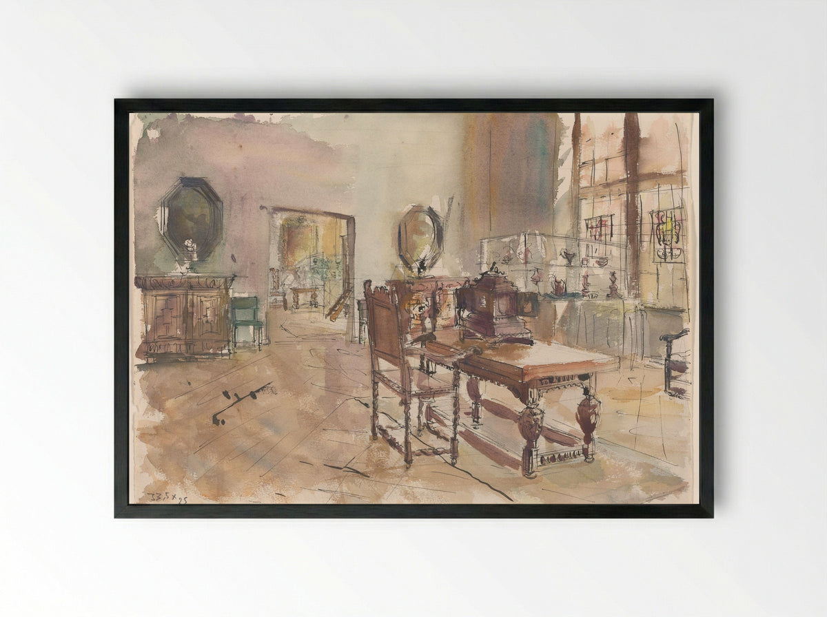 Gezicht in een zaal van het Rijksmuseum: tafel, kasten en vitrines - Constantin de Lynden - Framed Print Black