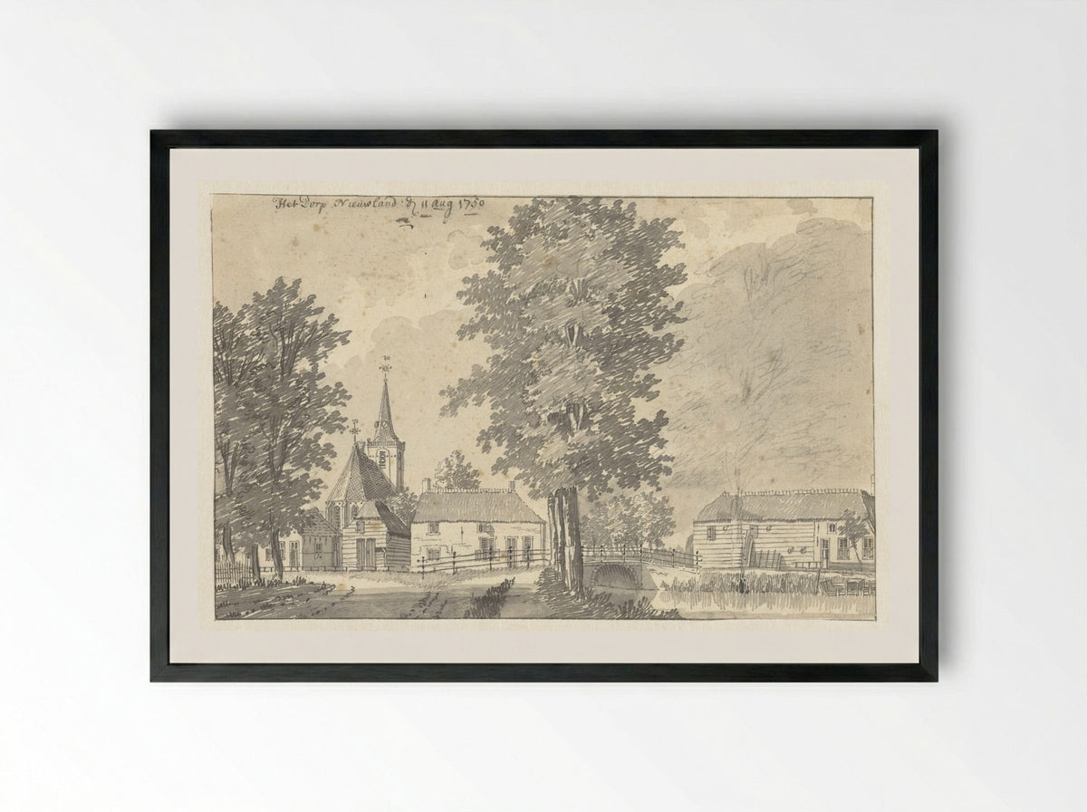 Gezicht in het dorp Nieuwland, met de kerk - Jan de Beijer - Framed Print Black