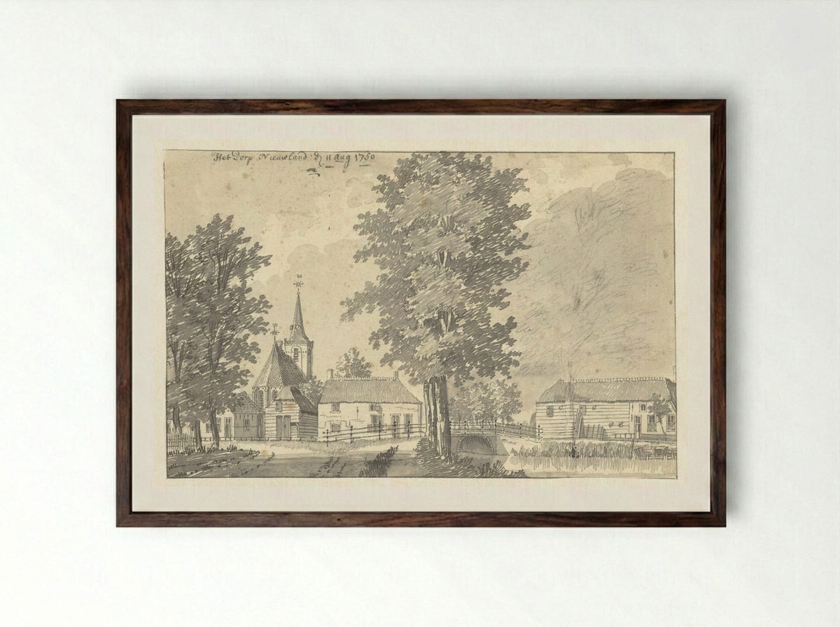 Gezicht in het dorp Nieuwland, met de kerk - Jan de Beijer - Framed Print Dark Wood