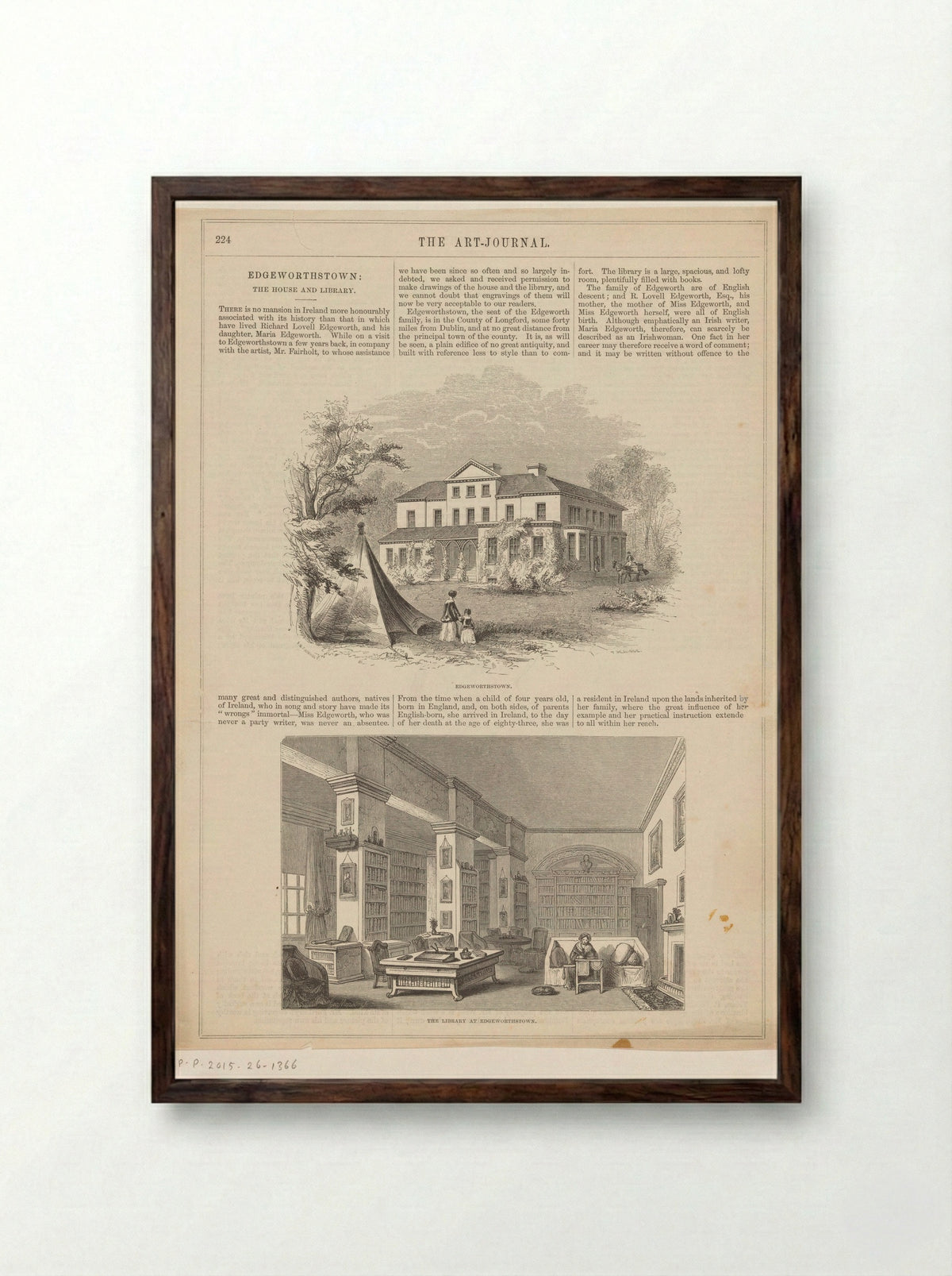 Gezicht op Edgeworthstown en interieur van de bibliotheek - George Virtue - Framed Print Dark Wood