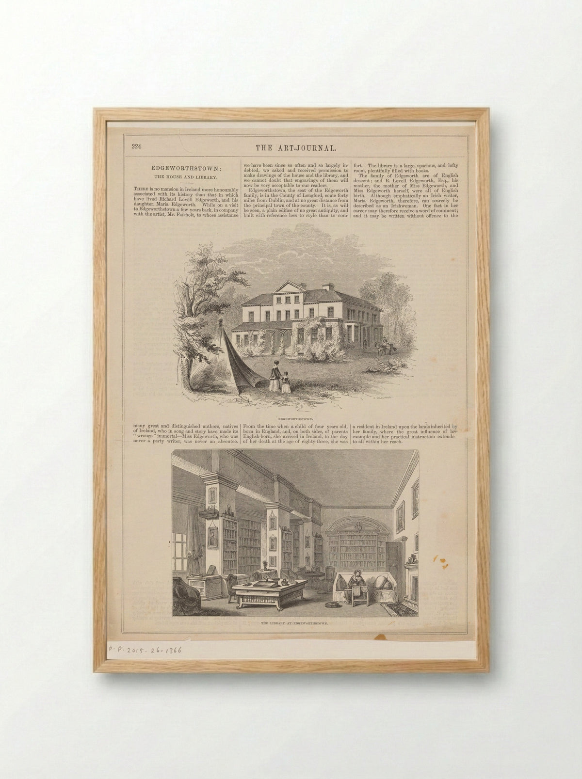 Gezicht op Edgeworthstown en interieur van de bibliotheek - George Virtue - Framed Print Wood