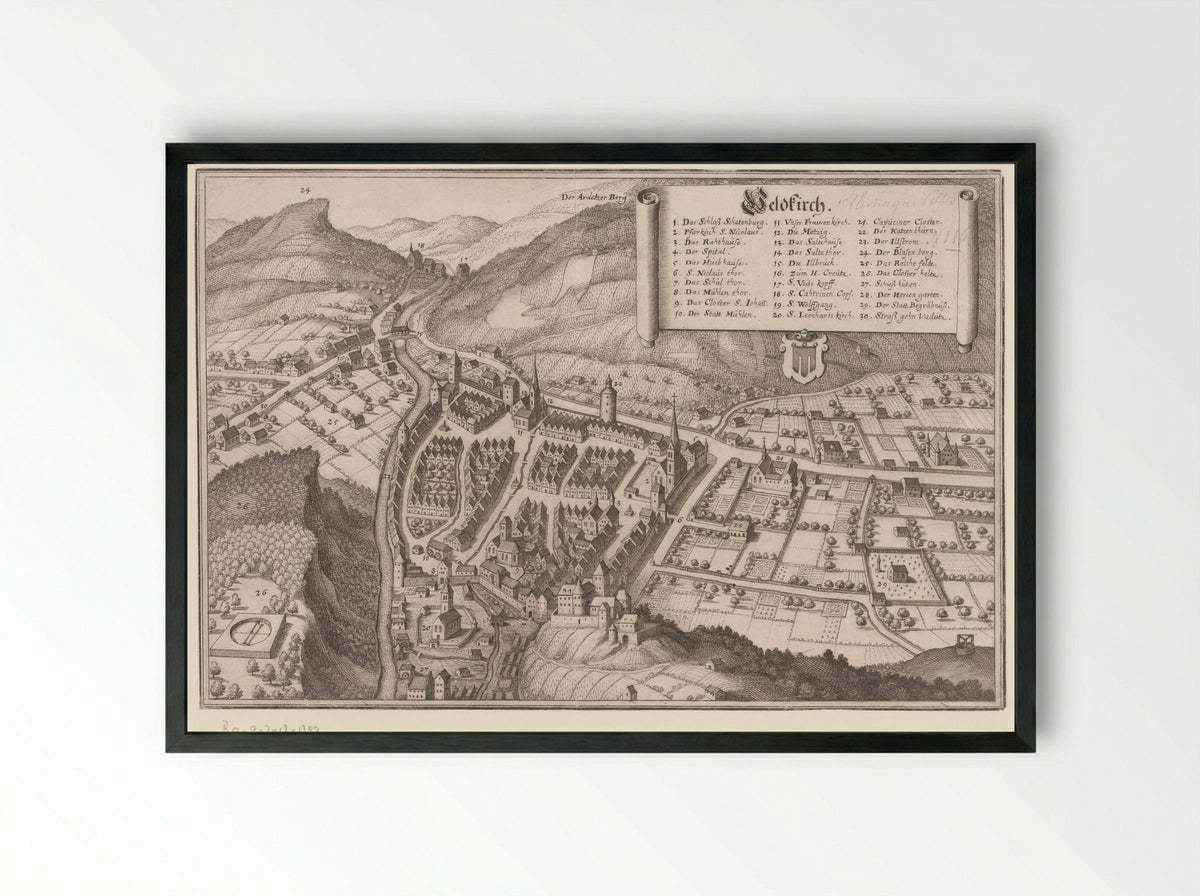 Gezicht op Feldkirch - Matthäus Merian (I) - Framed Print Black