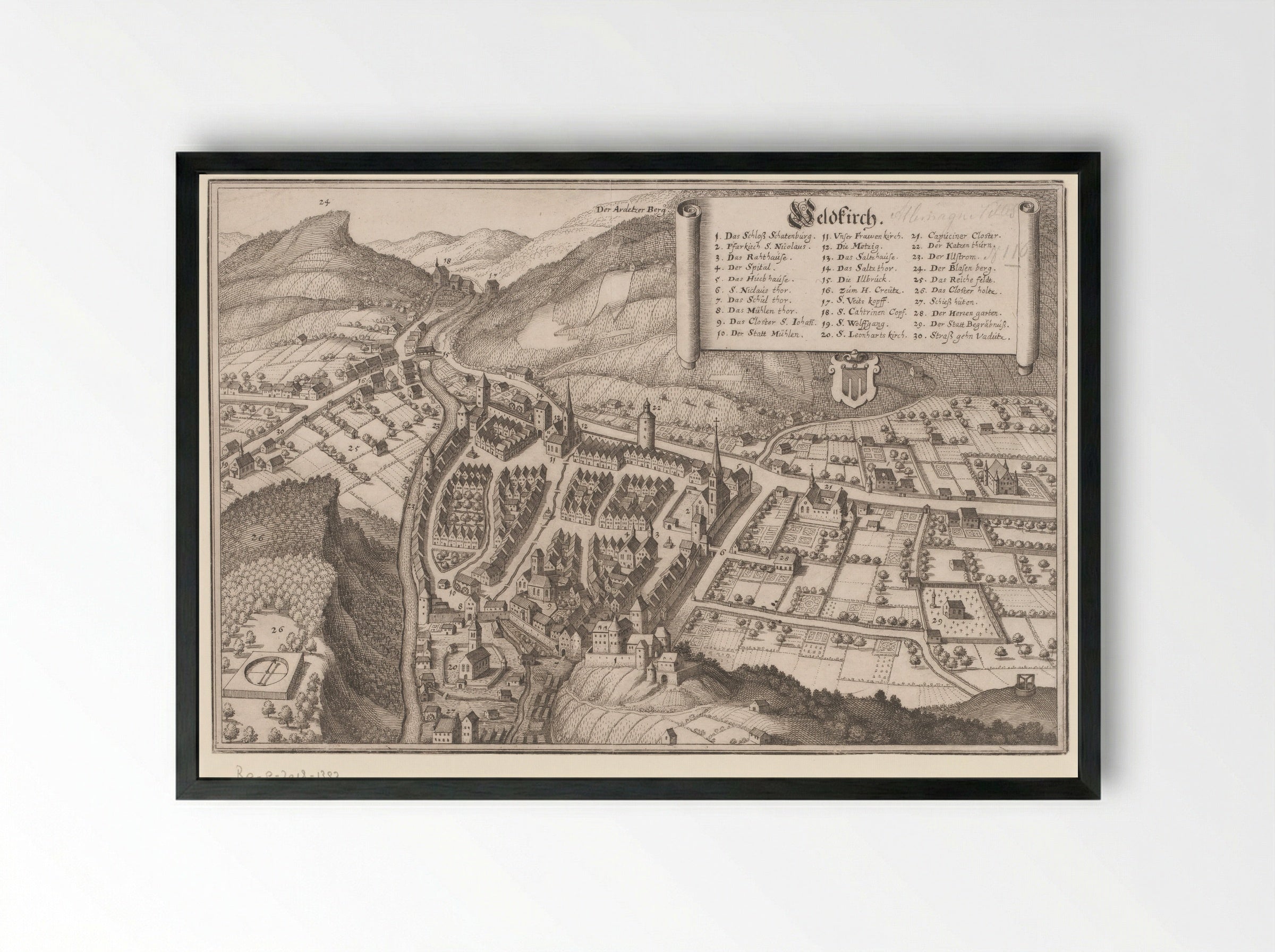 Gezicht op Feldkirch - Matthäus Merian (I) - Framed Print Black