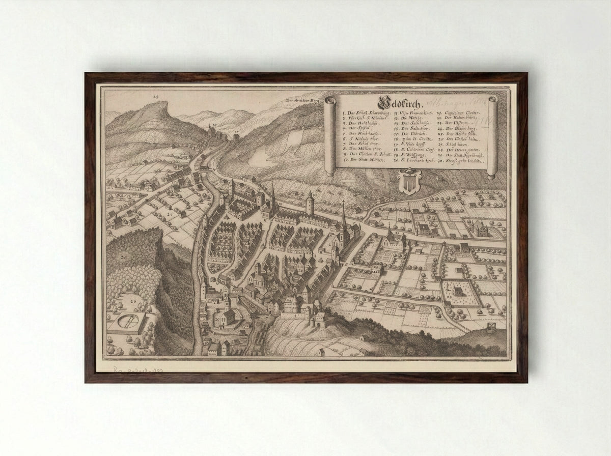Gezicht op Feldkirch - Matthäus Merian (I) - Framed Print Dark Wood