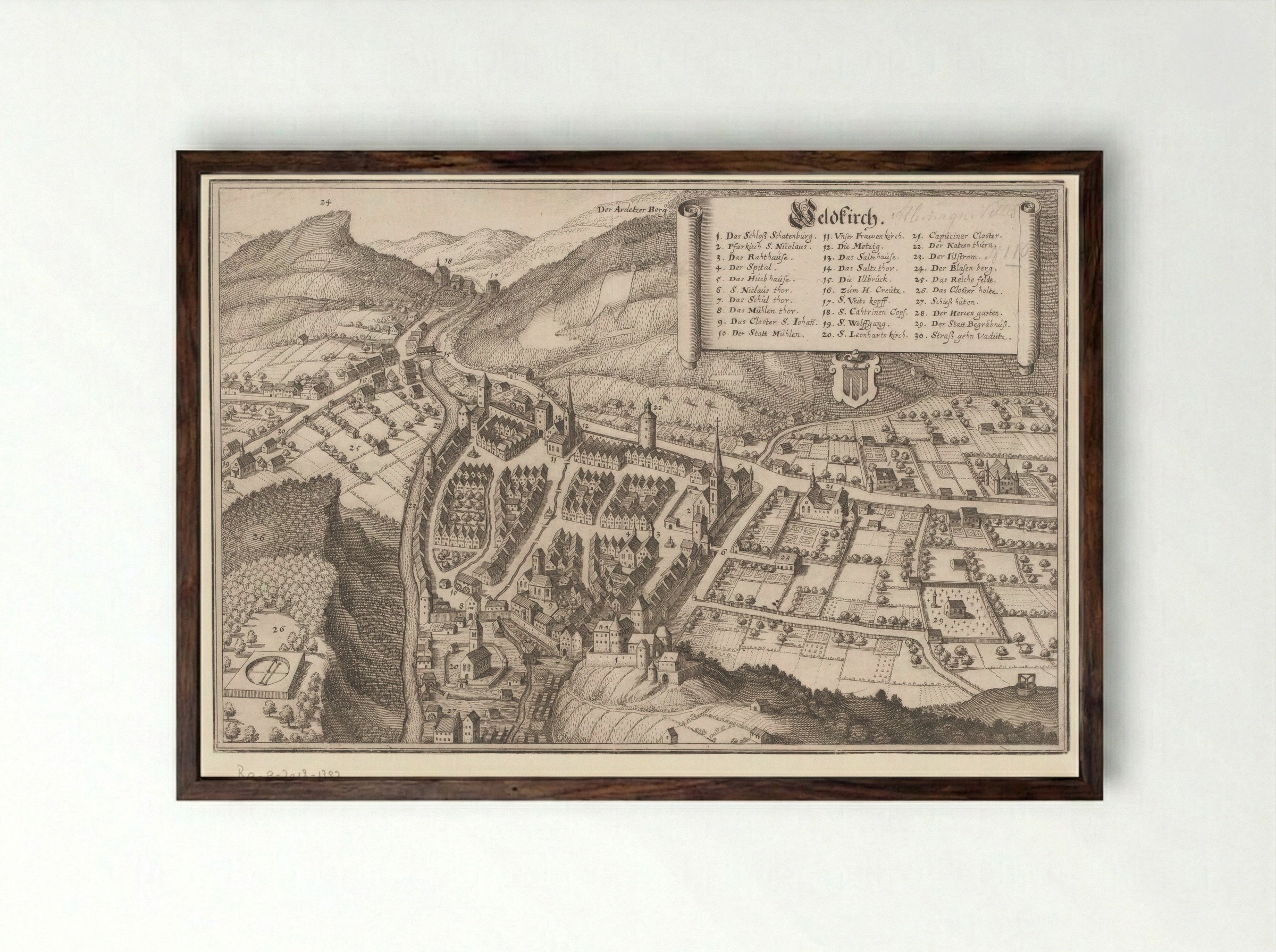 Gezicht op Feldkirch - Matthäus Merian (I) - Framed Print Dark Wood