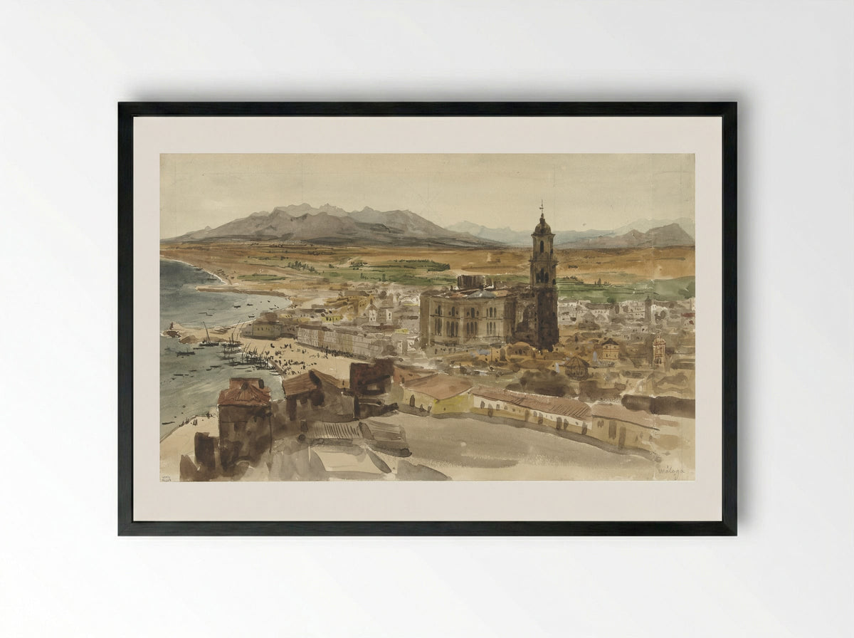 Gezicht op Malaga vanuit het Noorden - Adrien Dauzats - Framed Print Black